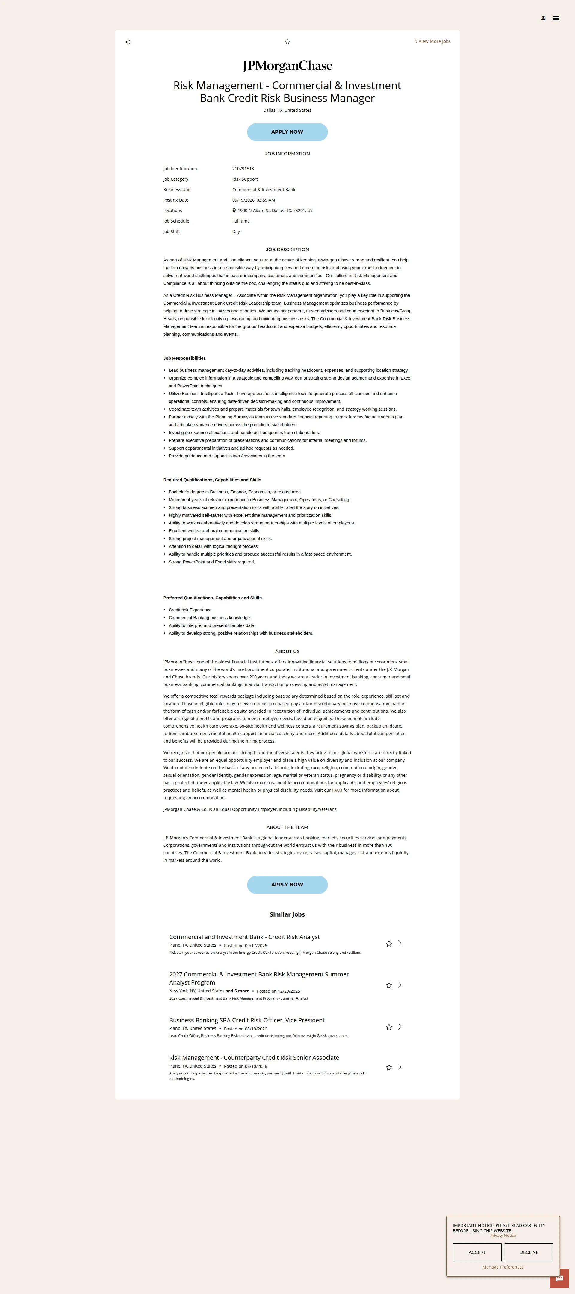 JPMorganChase Risk Management - Commercial & Investment Bank Credit Risk Business Manager 채용공고