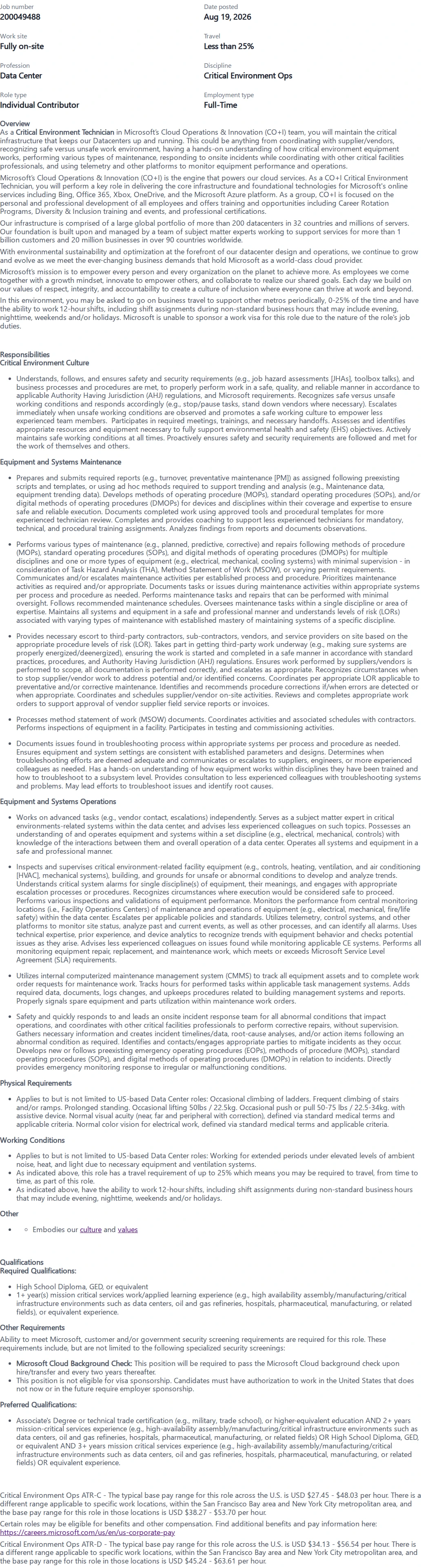 마이크로소프트(Microsoft) Critical Environment Ops Technician 채용공고