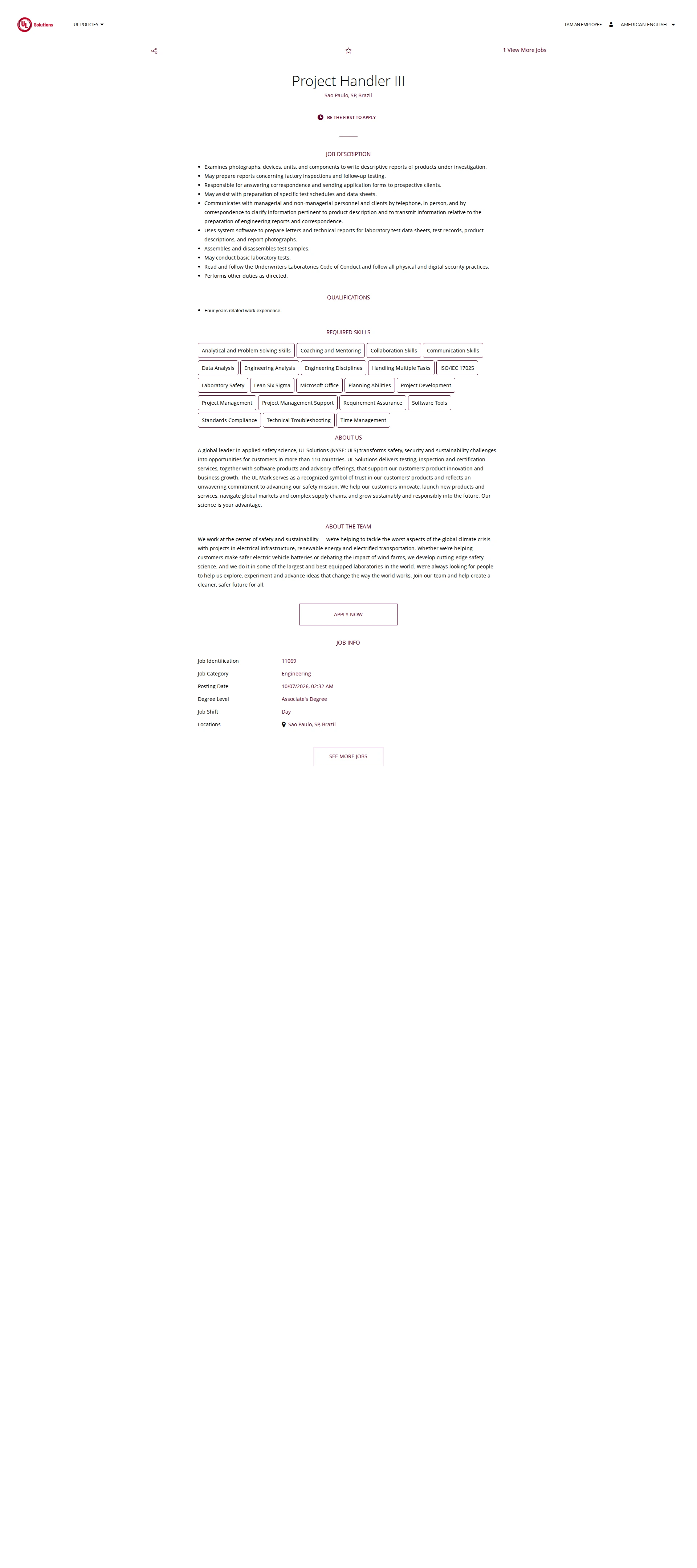 UL Solutions Project Handler III 채용공고