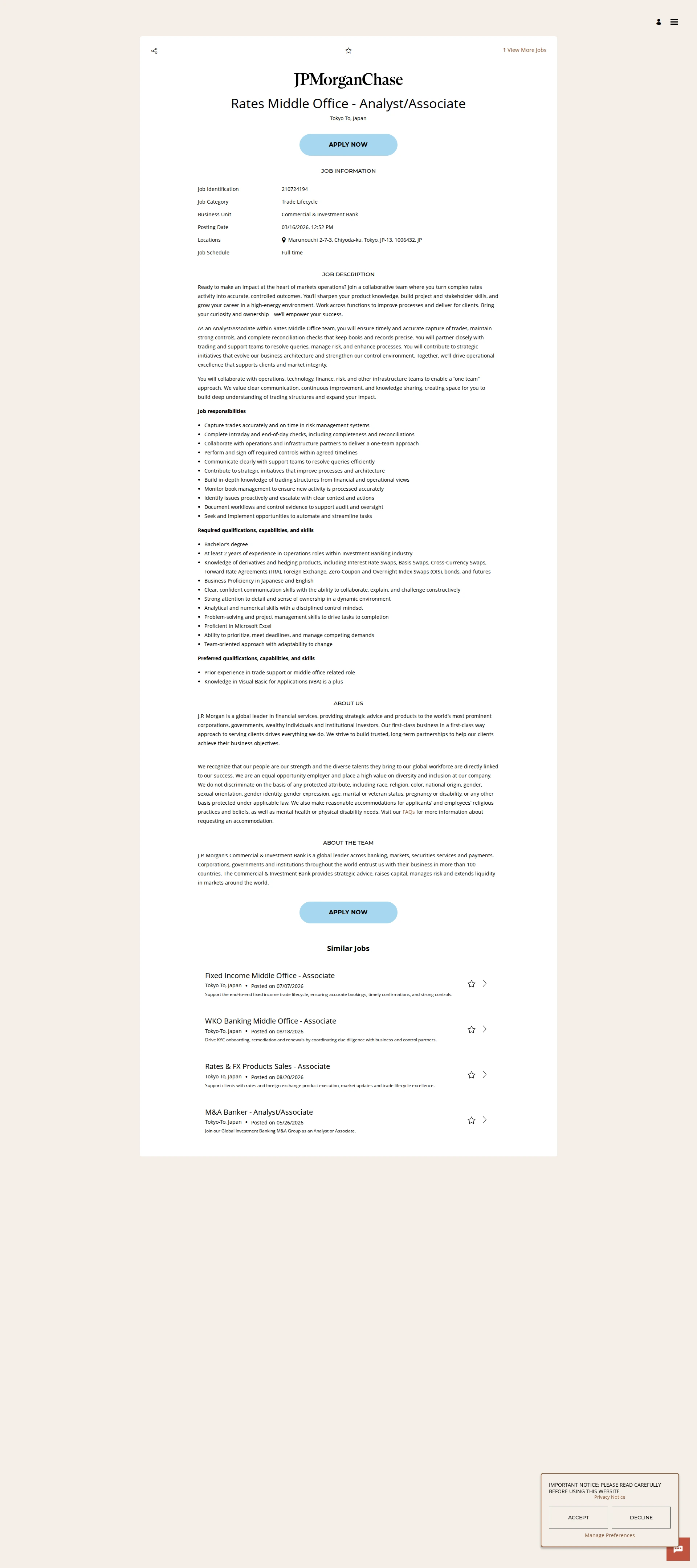JPMorganChase Rates Middle Office - Analyst/Associate 채용공고