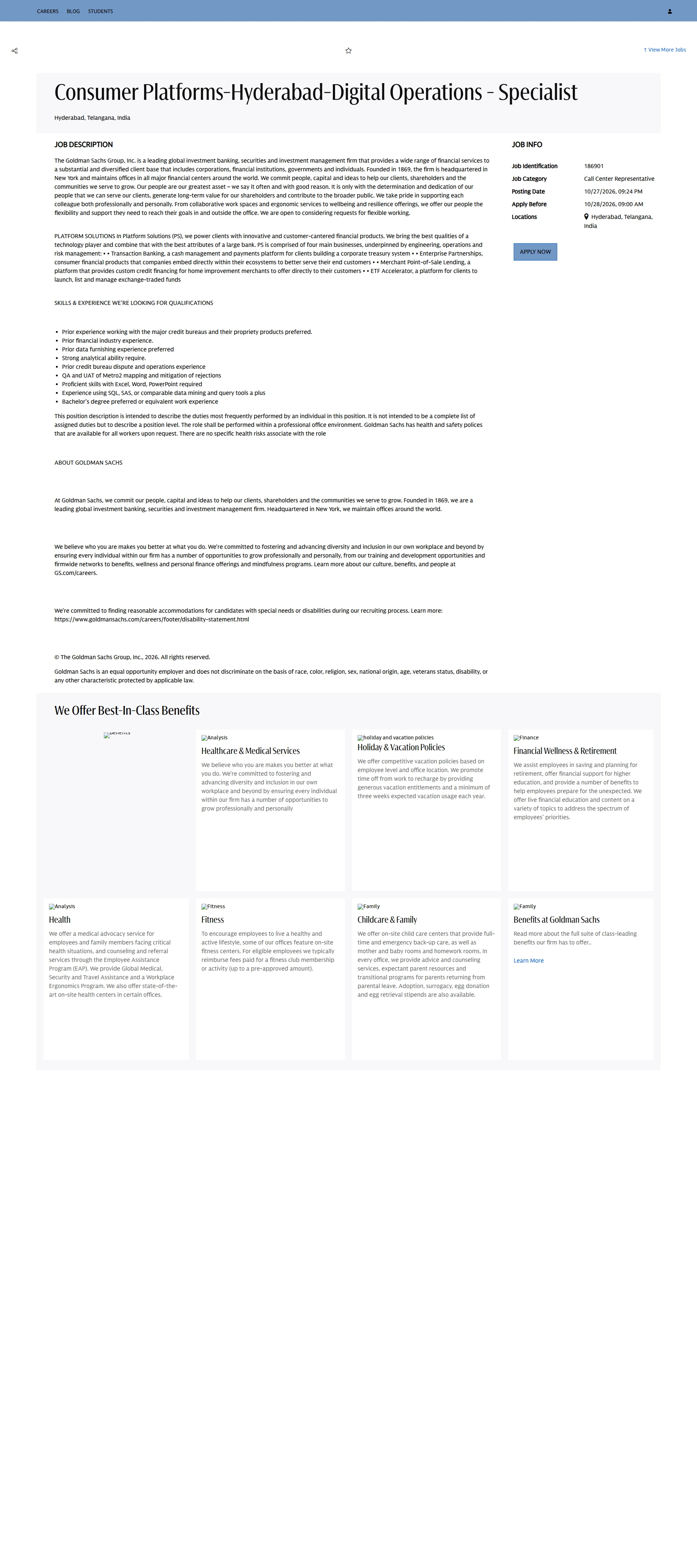 골드만삭스 Consumer Platforms-Hyderabad-Digital Operations - Specialist 채용공고