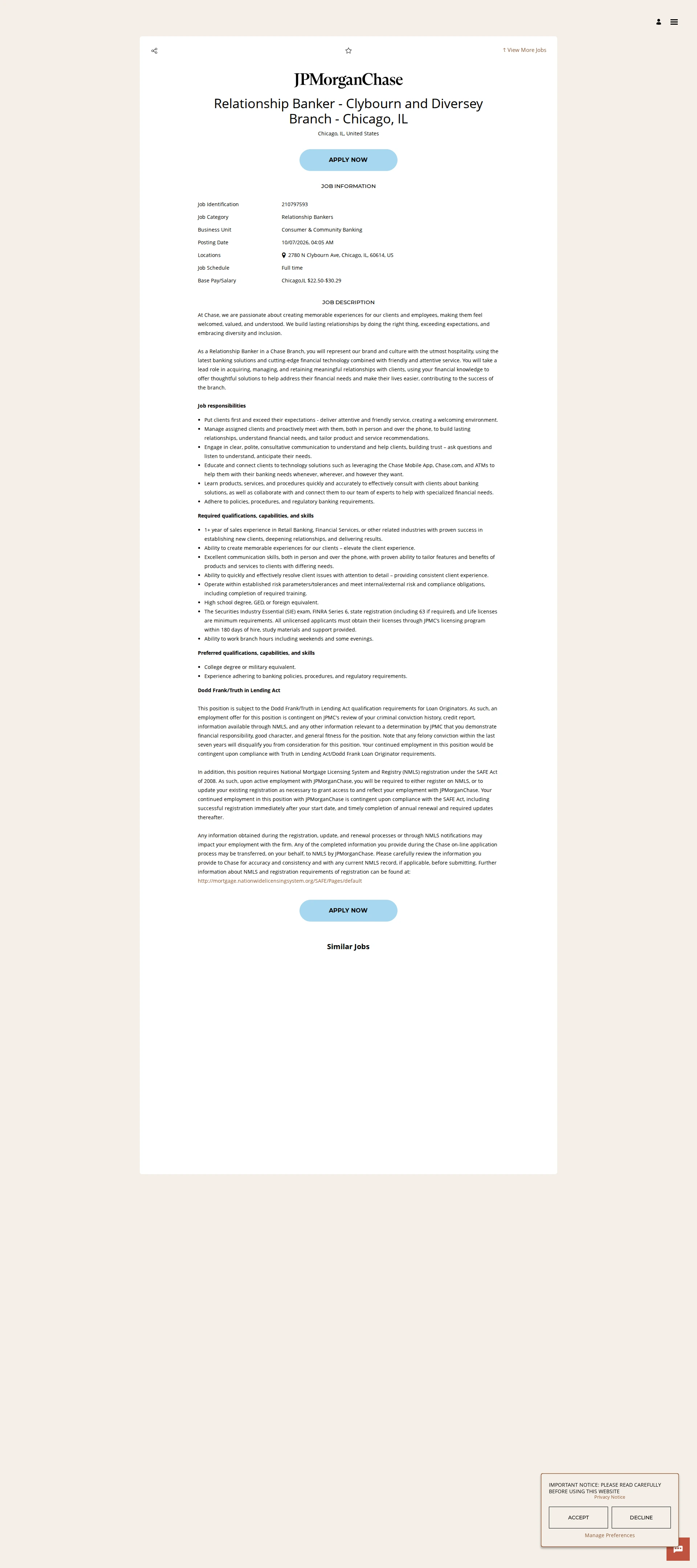 JPMorganChase Relationship Banker - Clybourn and Diversey Branch - Chicago, IL 채용공고