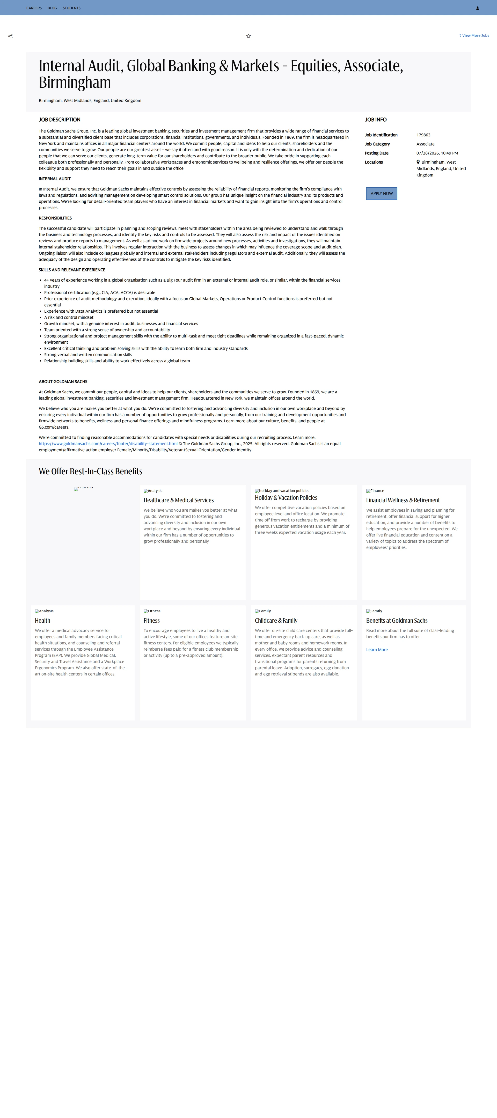 골드만삭스 Internal Audit, Global Banking  & Markets - Equities, Associate, Birmingham 채용공고