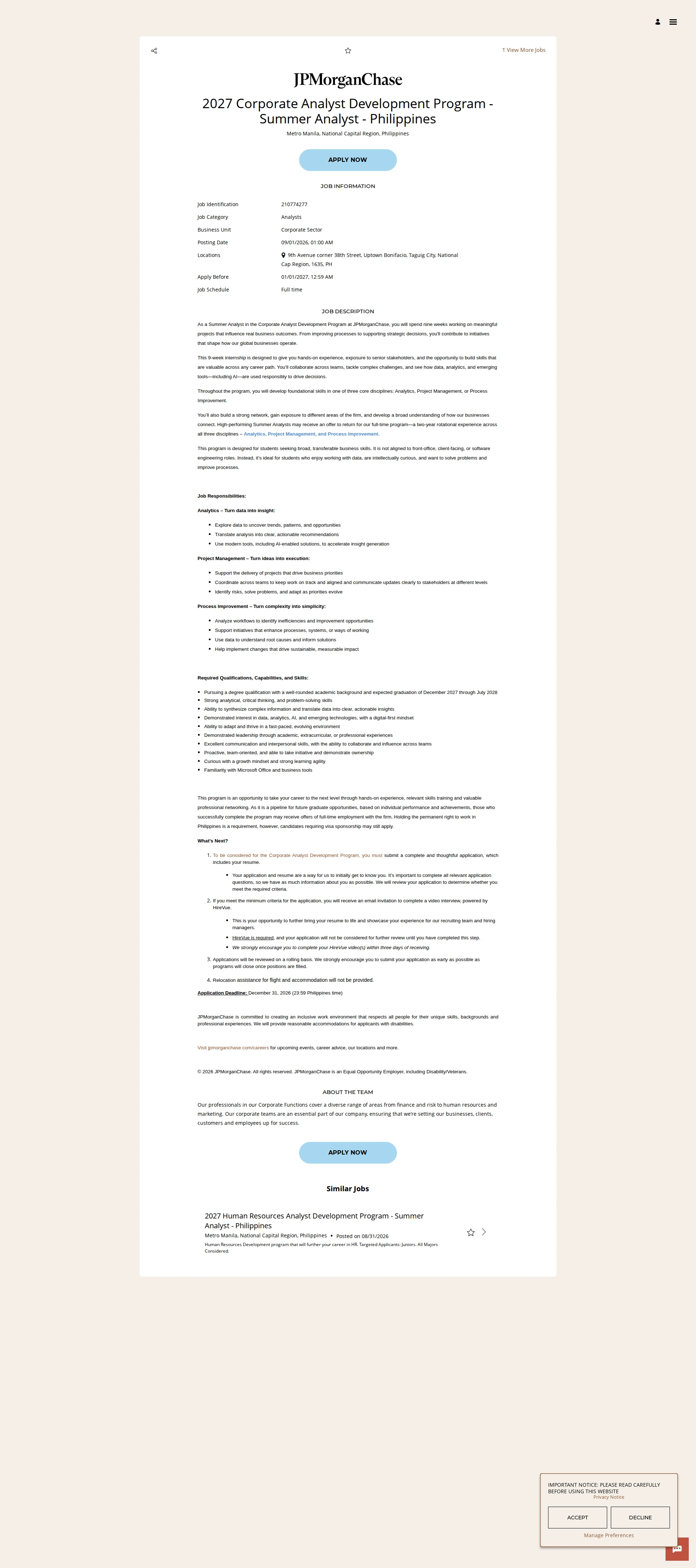 JPMorganChase 2027 Corporate Analyst Development Program - Summer Analyst - Philippines 채용공고