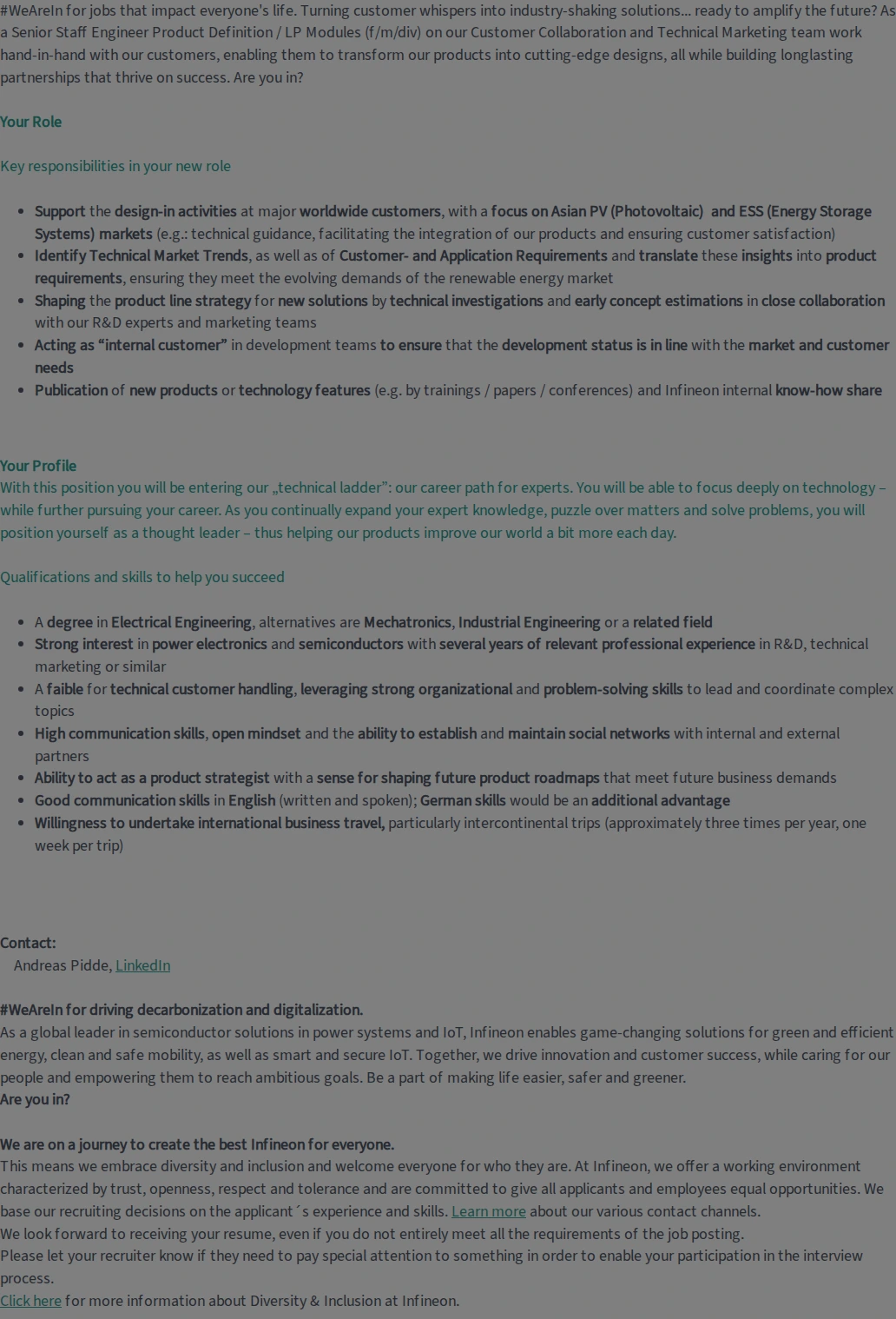 인피니언 Senior Product Definition Engineer (f/m/div) – Power Electronics & Semiconductor Modules for Solar PV & Energy Storage 채용공고