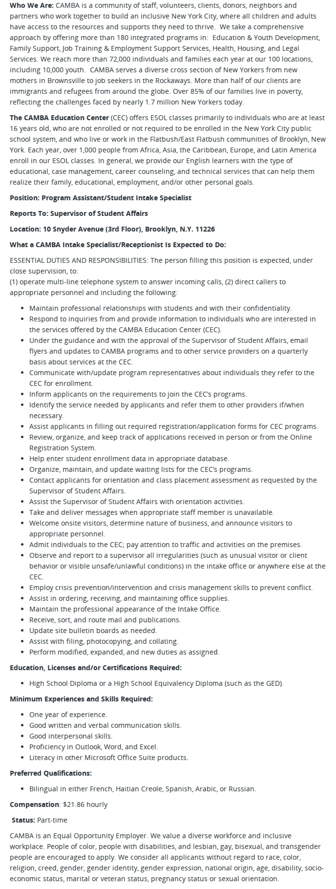 CAMBA Program Assistant/Student Intake Specialist, CAMBA Education Center 채용공고