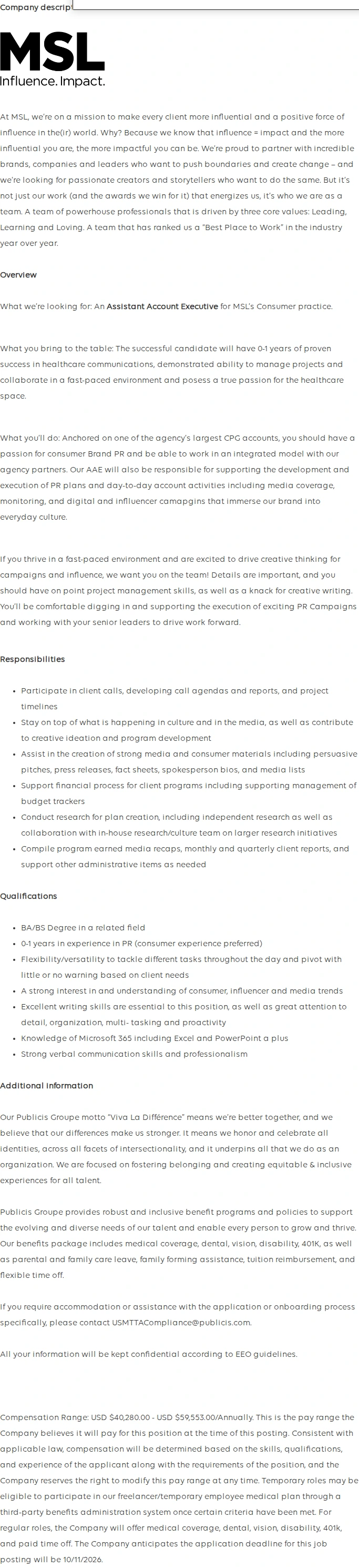 Publicis Groupe Assistant Account Executive, Consumer 채용공고