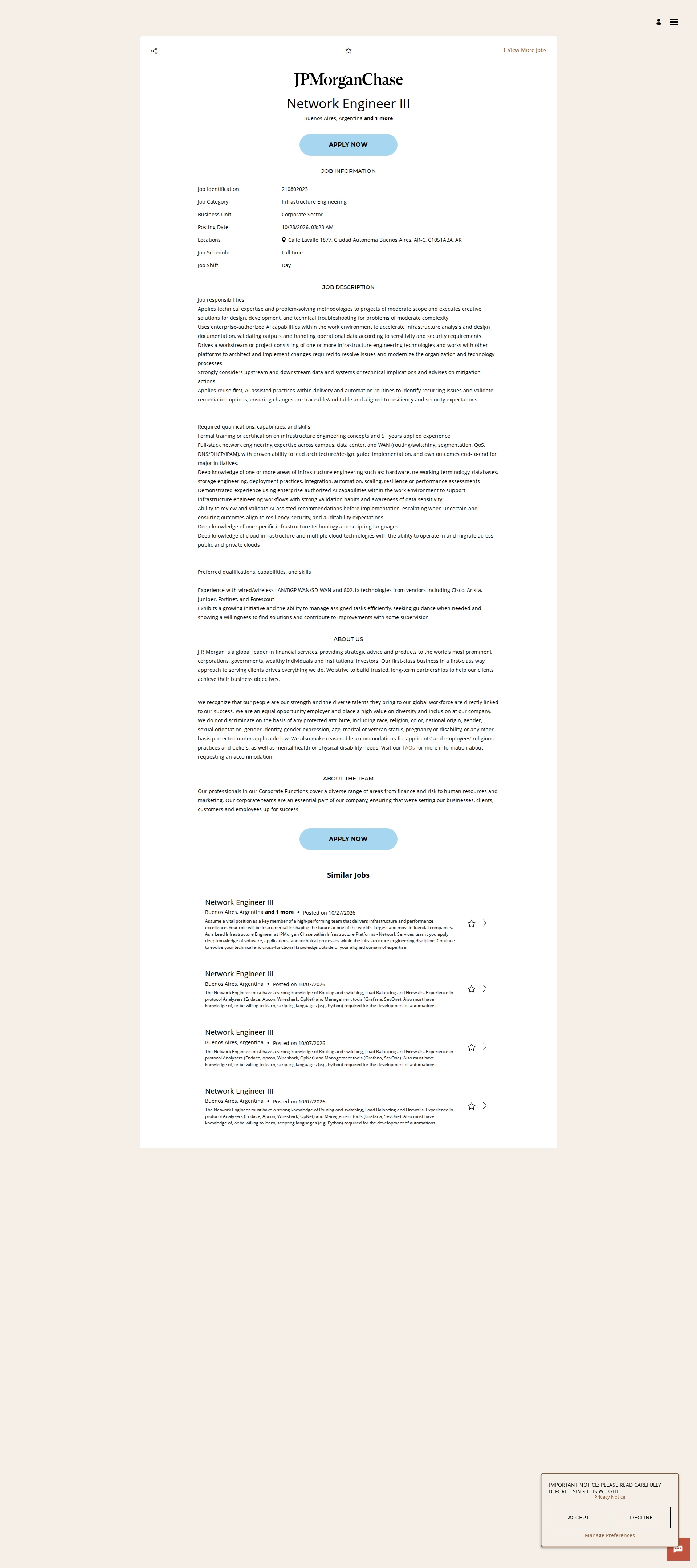 JPMorganChase Network Engineer III 채용공고