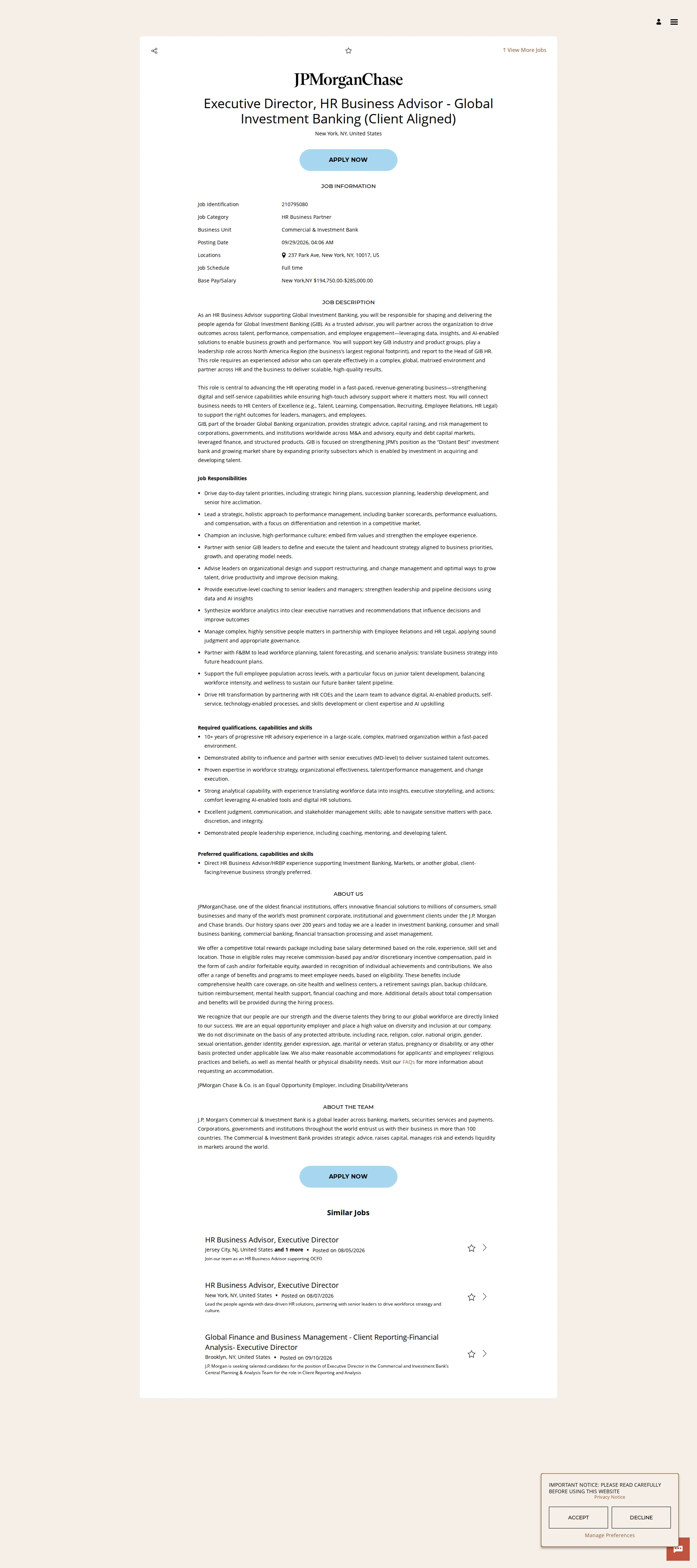 JPMorganChase Executive Director, HR Business Advisor - Global Investment Banking (Client Aligned) 채용공고