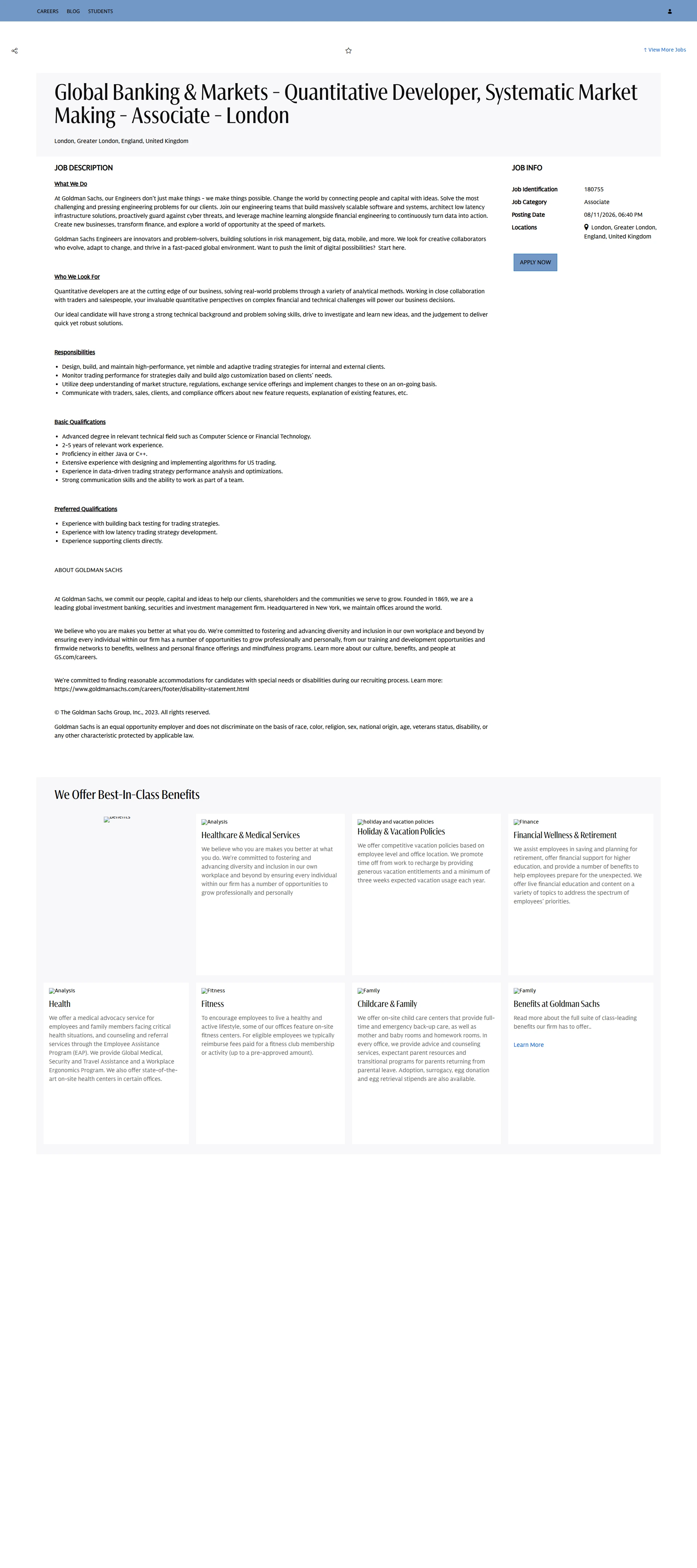 골드만삭스 Global Banking & Markets - Quantitative Developer, Systematic Market Making - Associate - London 채용공고