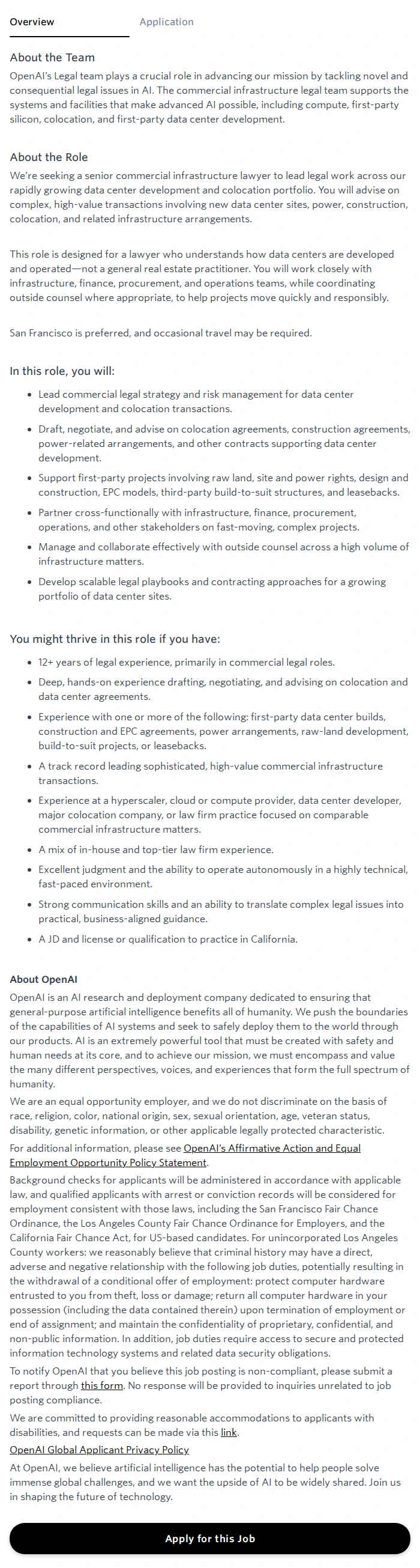 오픈에이아이(OpenAI) Associate General Counsel, Commercial – Infrastructure 채용공고
