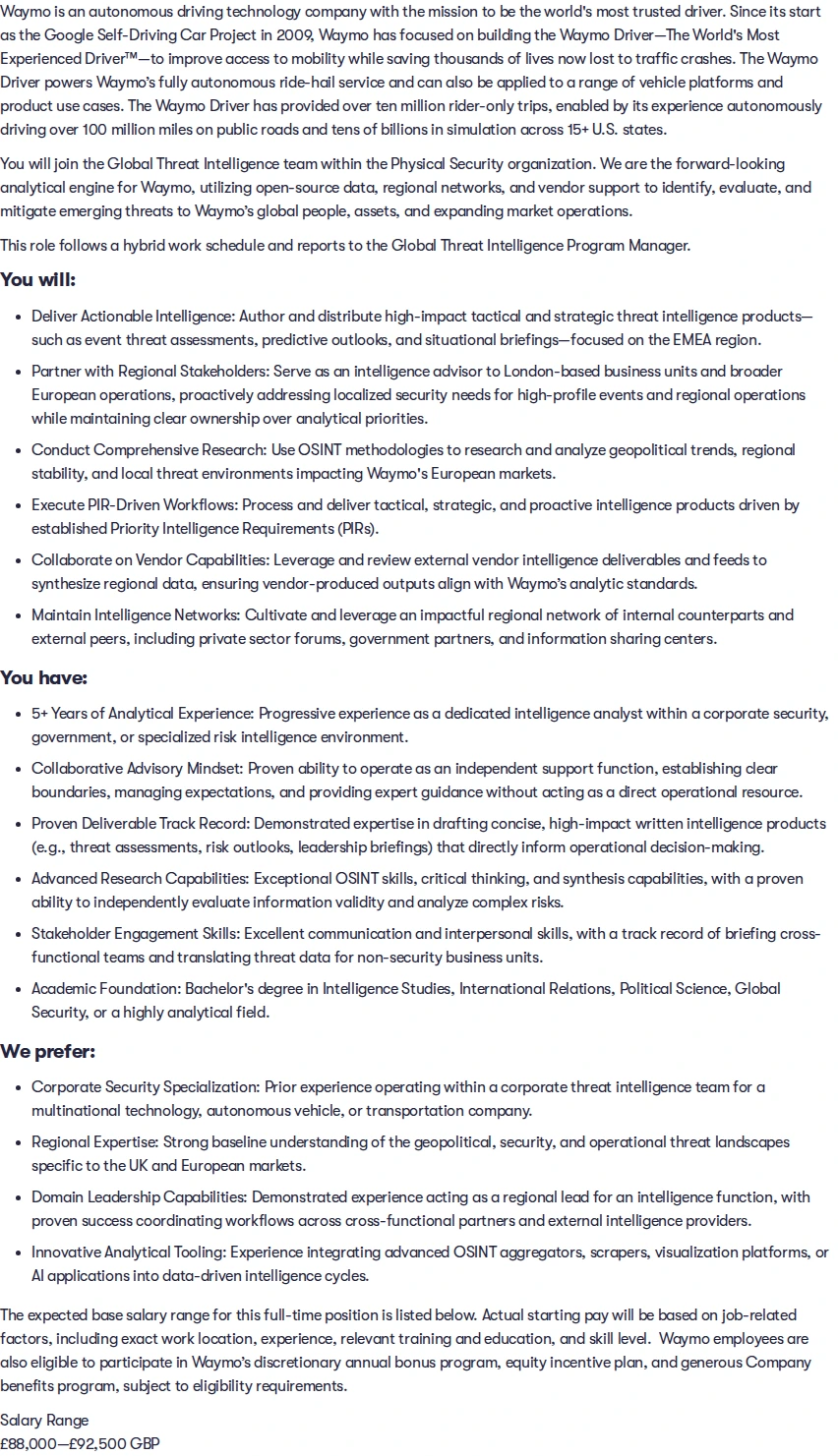 웨이모 Global Threat Intelligence Regional Lead - Europe 채용공고