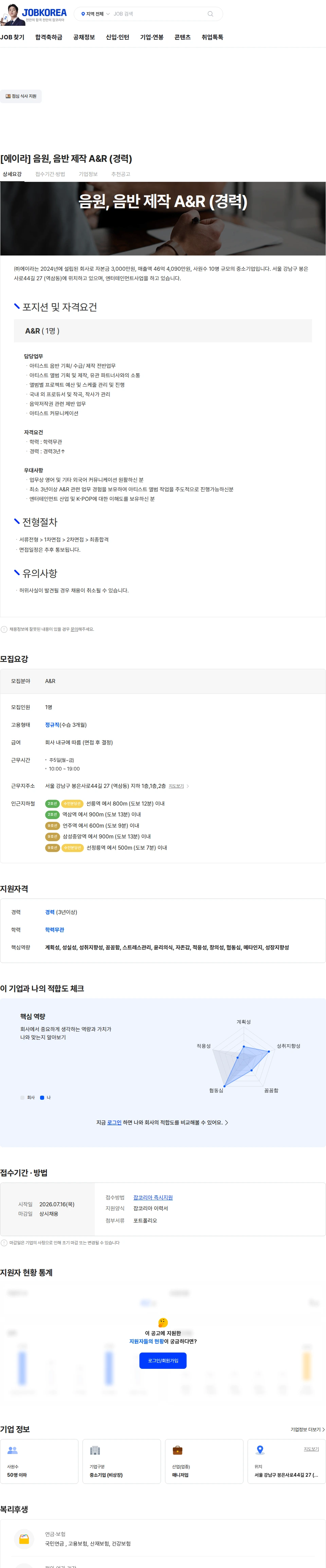 에이라 [에이라] 음원, 음반 제작 A&R (경력) 채용공고