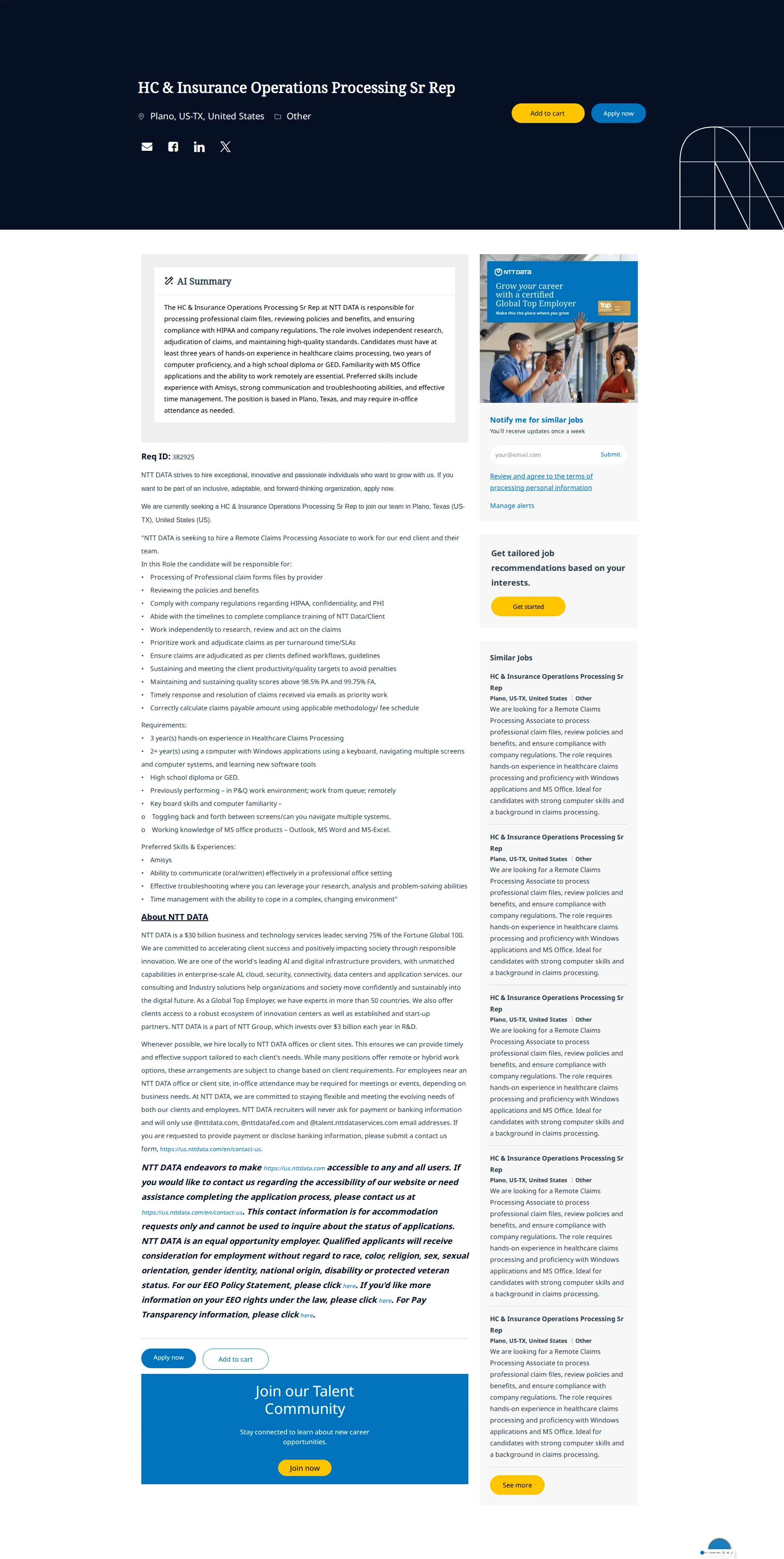 NTT데이터 HC & Insurance Operations Processing Sr Rep 채용공고