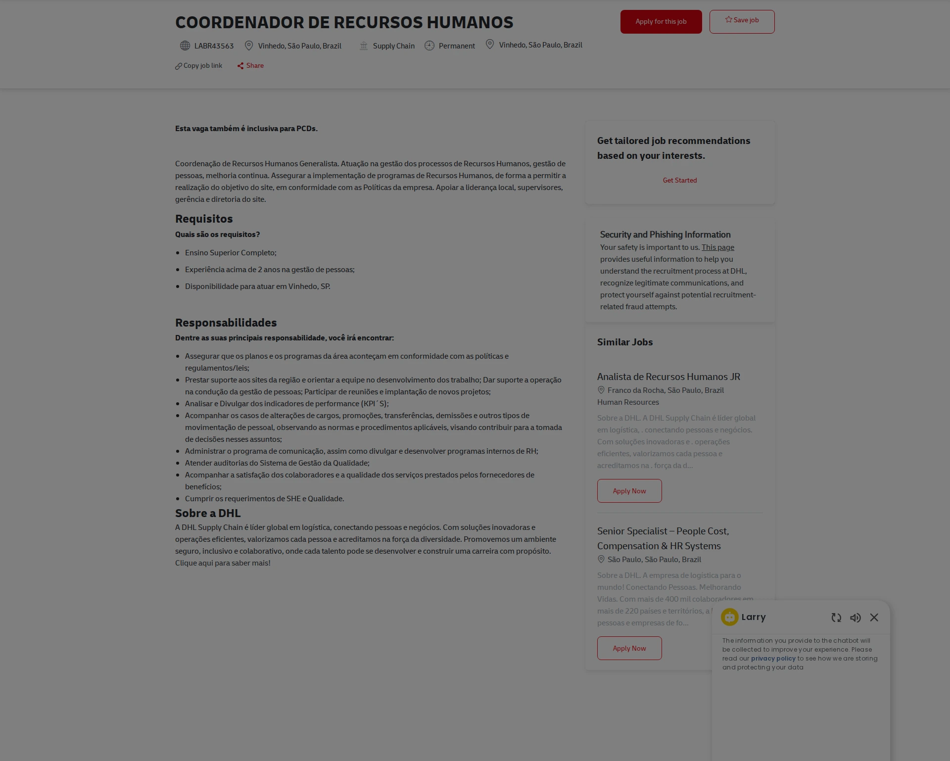 DHL COORDENADOR DE RECURSOS HUMANOS 채용공고