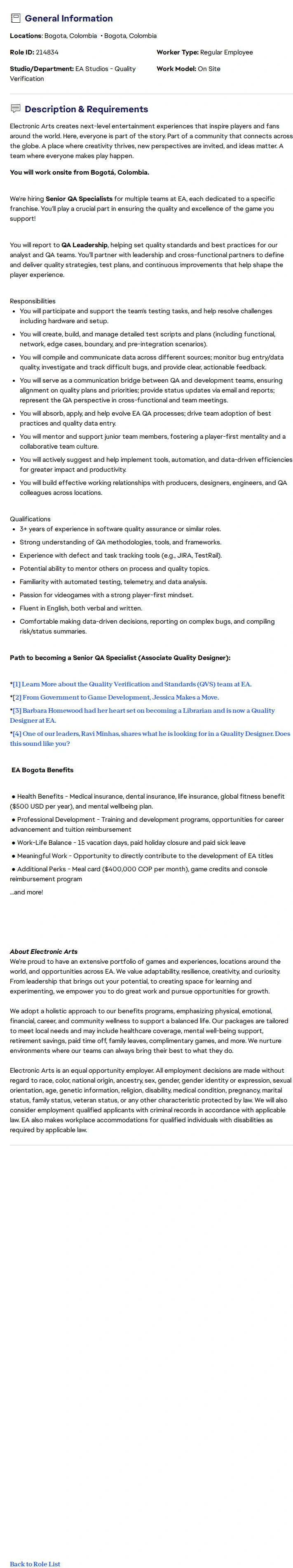 ElectronicArts Senior QA Specialist - Multiple roles 채용공고
