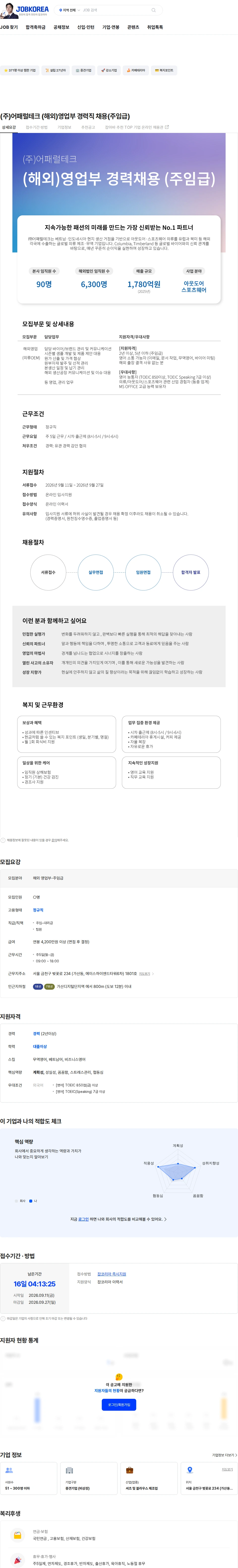 어패럴테크 (주)어패럴테크 (해외)영업부 경력직 채용(주임급) 채용공고