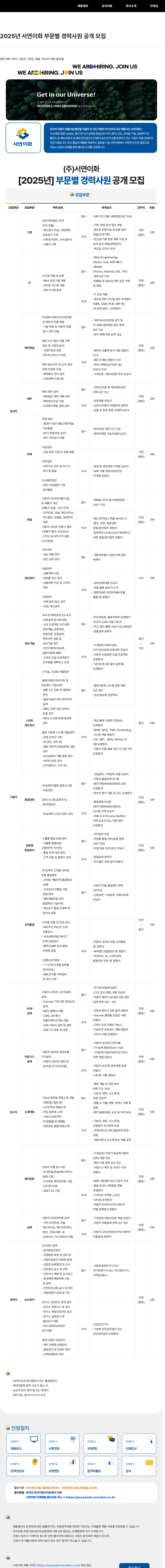 서연이화 2025년 서연이화 부문별 경력사원 공개 모집 채용공고