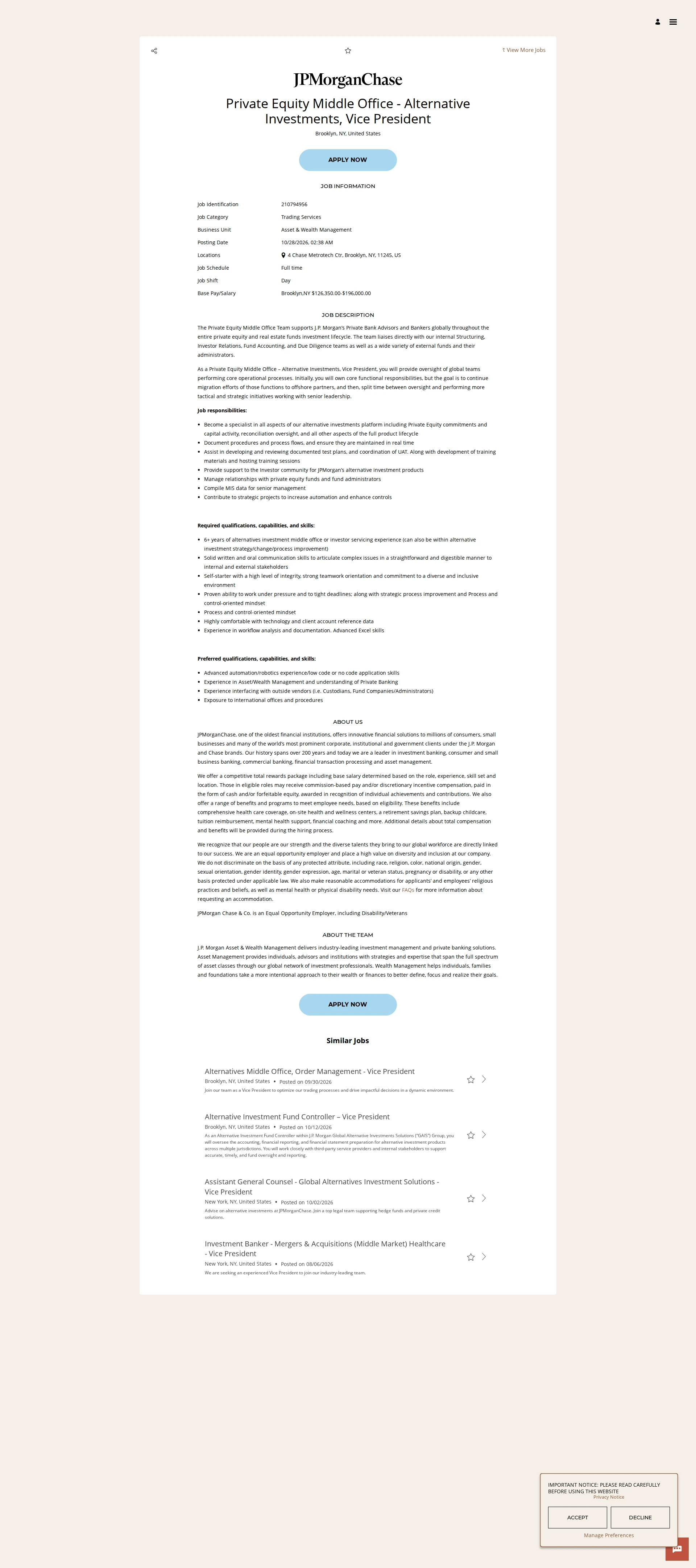 JPMorganChase Private Equity Middle Office - Alternative Investments, Vice President 채용공고