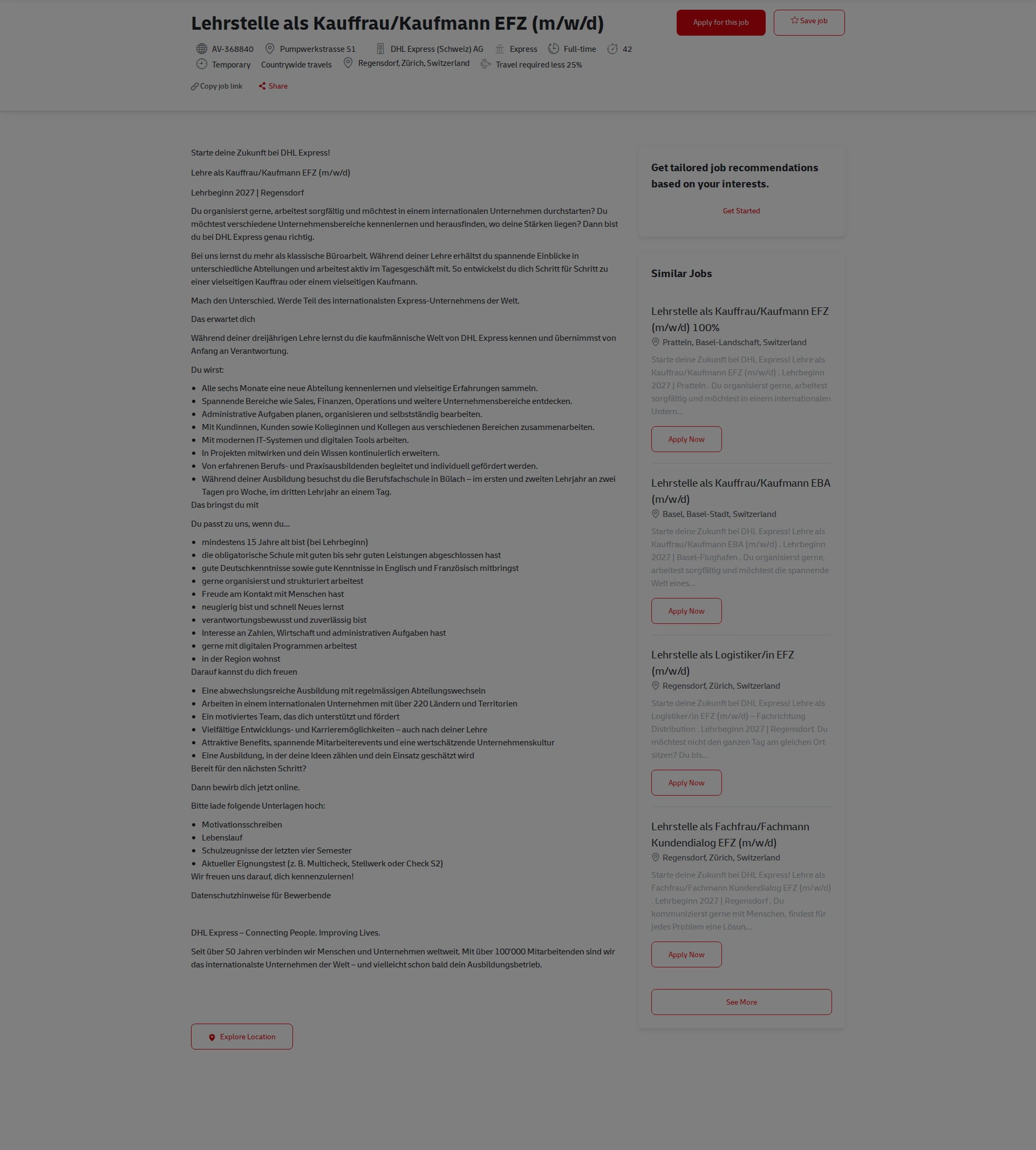 DHL Lehrstelle als Kauffrau/Kaufmann EFZ (m/w/d) 채용공고