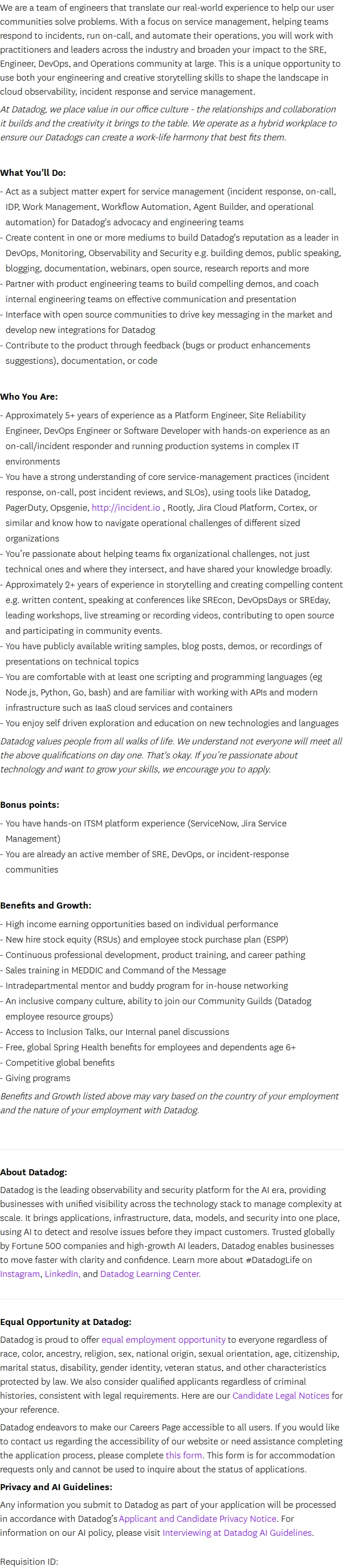 데이터독 Developer Advocate - Service Management EMEA 채용공고
