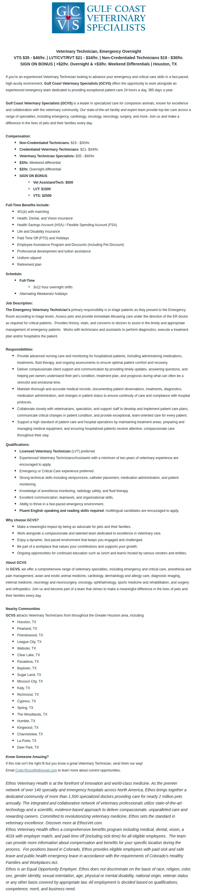 Ethos Veterinary Health Veterinary Technician, Emergency Overnight 채용공고