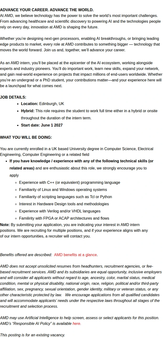 AMD Summer 2027 Software Engineer Intern 채용공고