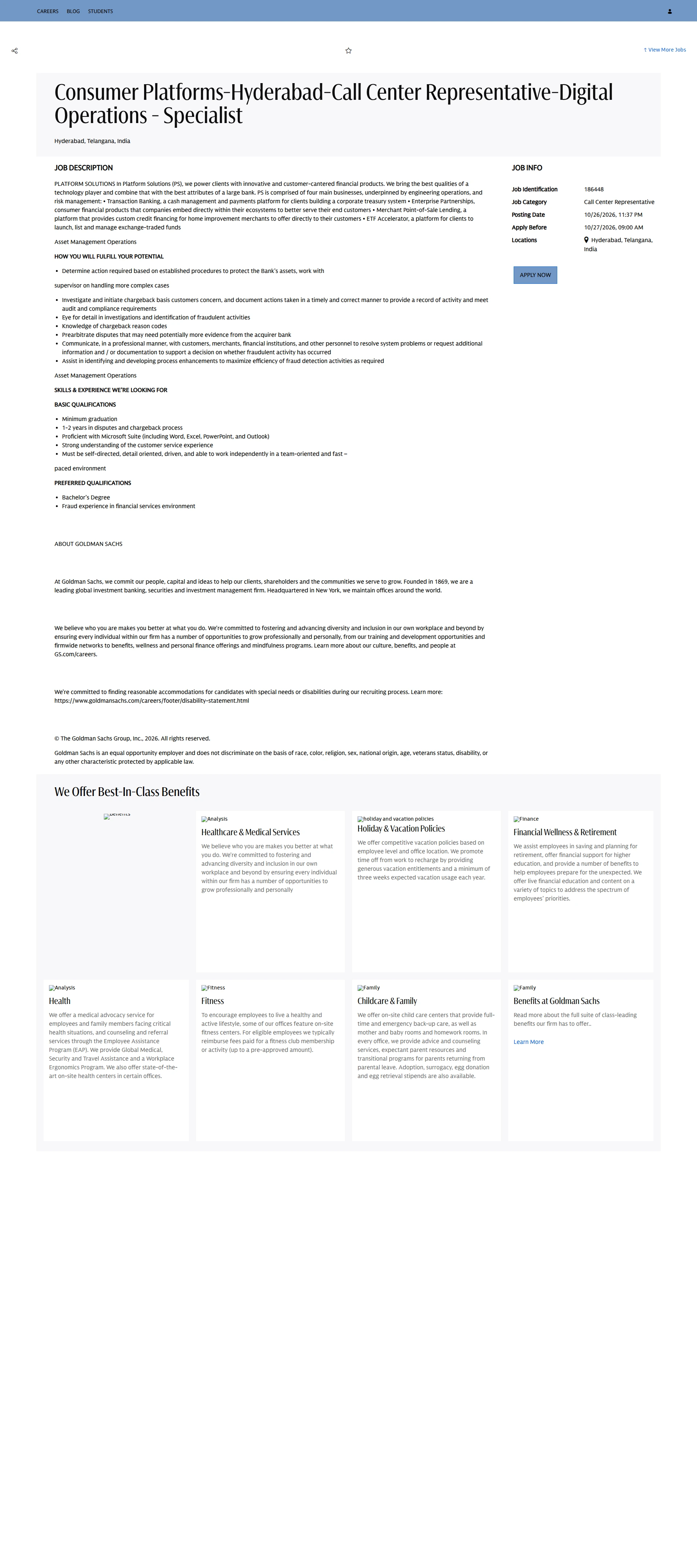 골드만삭스 Consumer Platforms-Hyderabad-Call Center Representative-Digital Operations - Specialist 채용공고