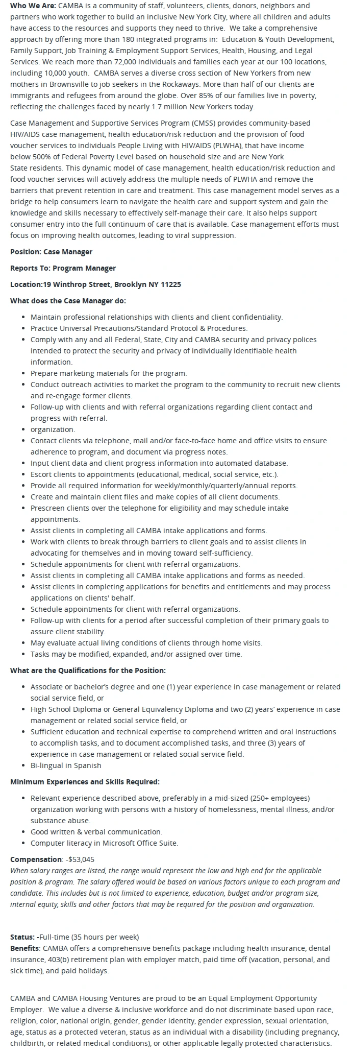 CAMBA Case Manager - Case Management & Supportive Services 채용공고