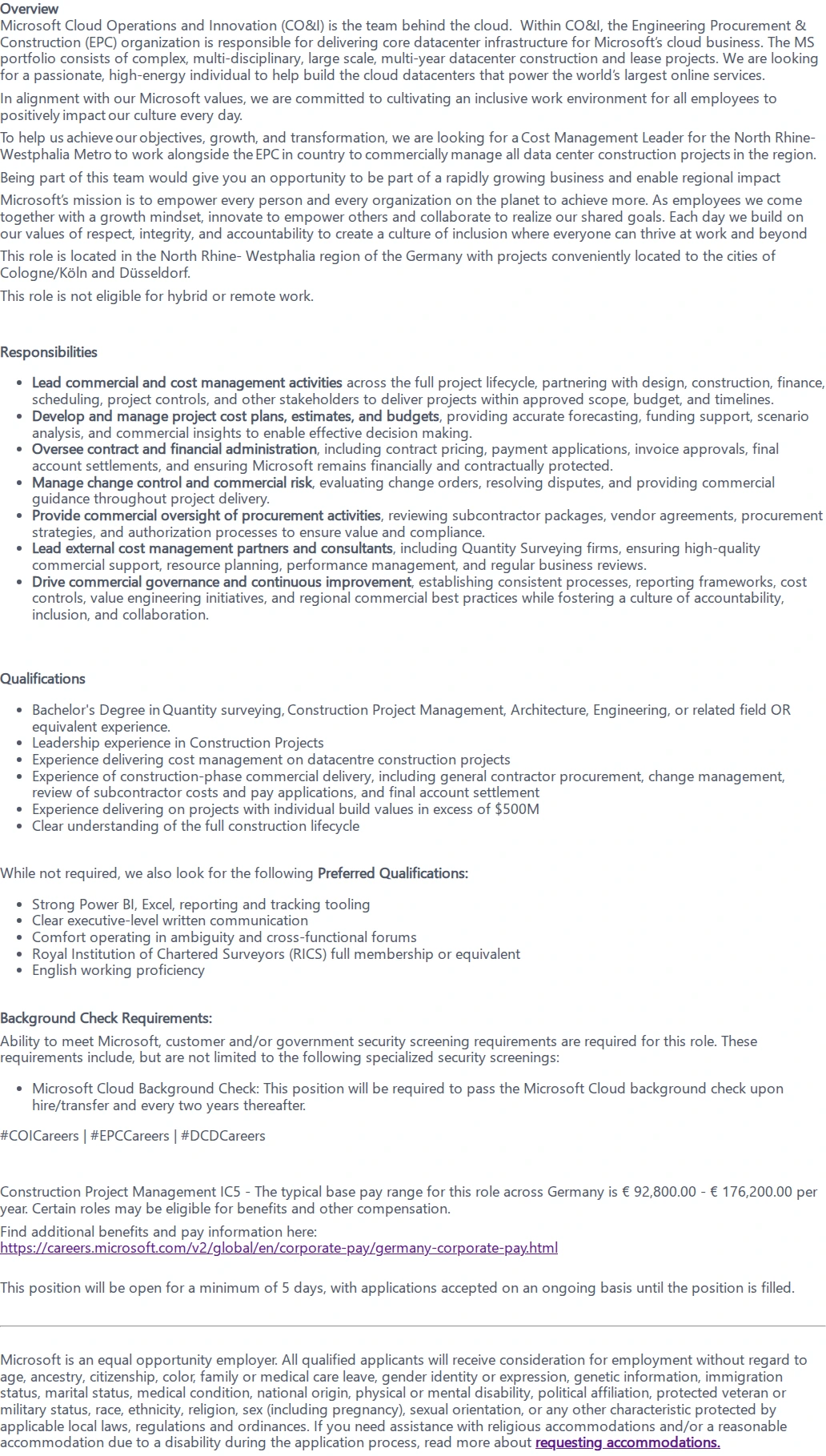 마이크로소프트(Microsoft) Senior Cost Management Lead, Cologne Data Center 채용공고