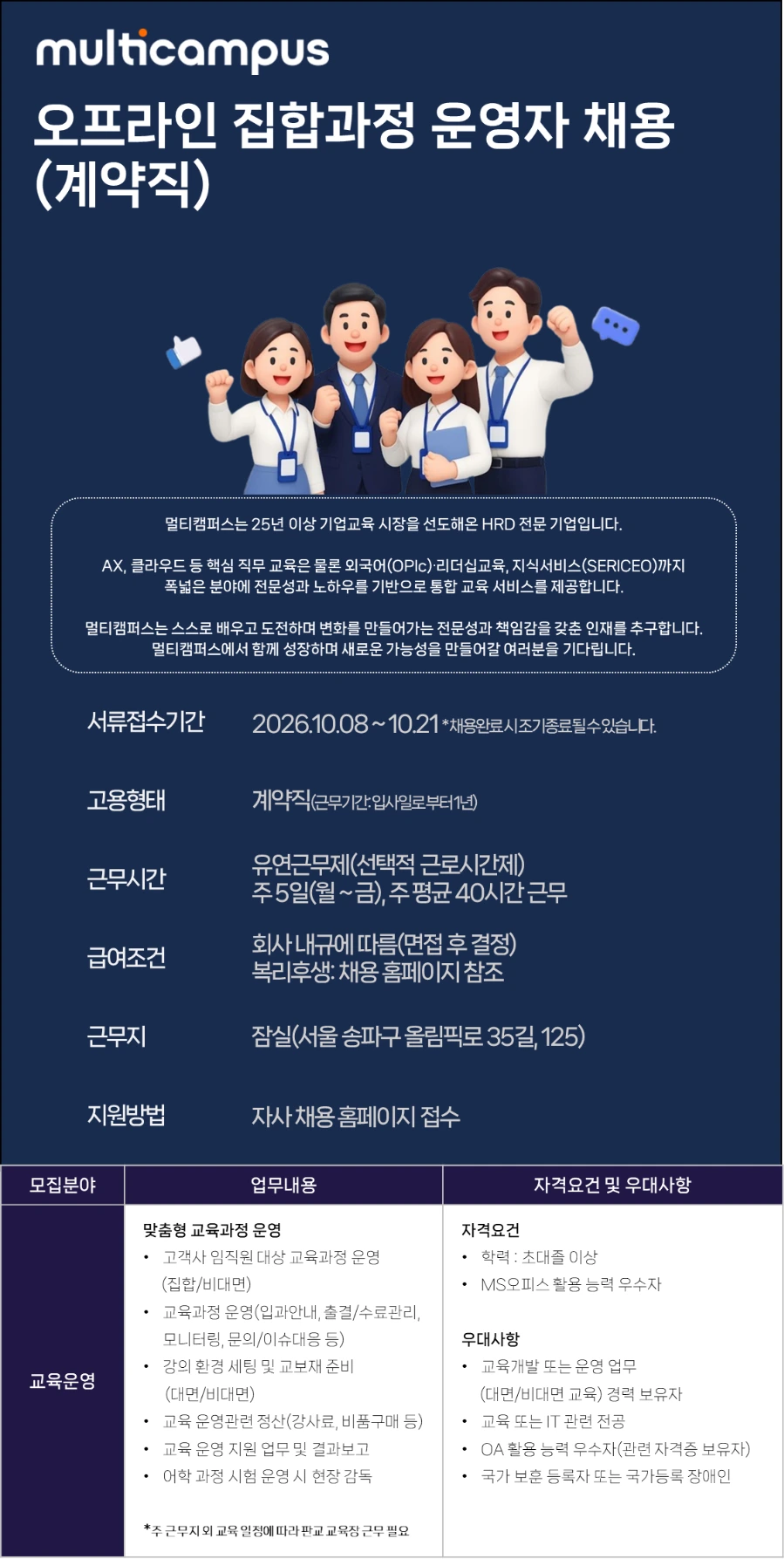 멀티캠퍼스 오프라인 집합과정 운영자 채용(잠실,계약직) 채용공고