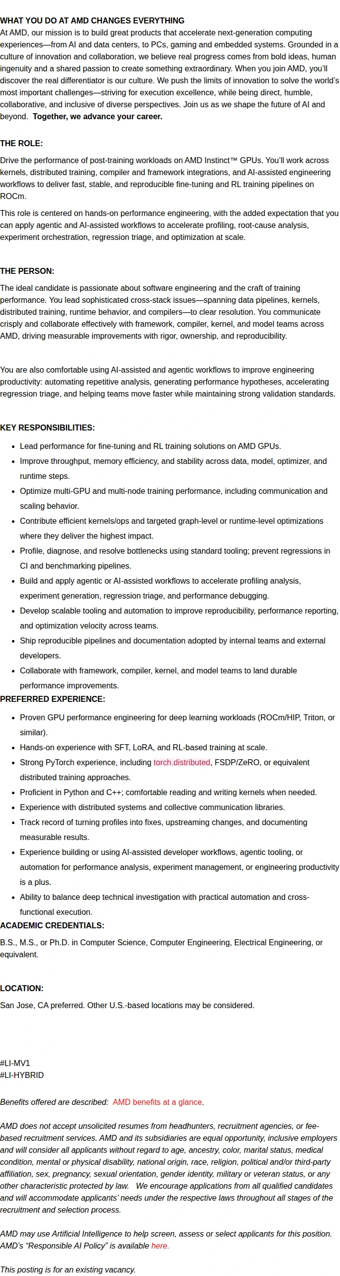 AMD Principal / Senior GPU SW Performance Engineer — Post‑Training 채용공고