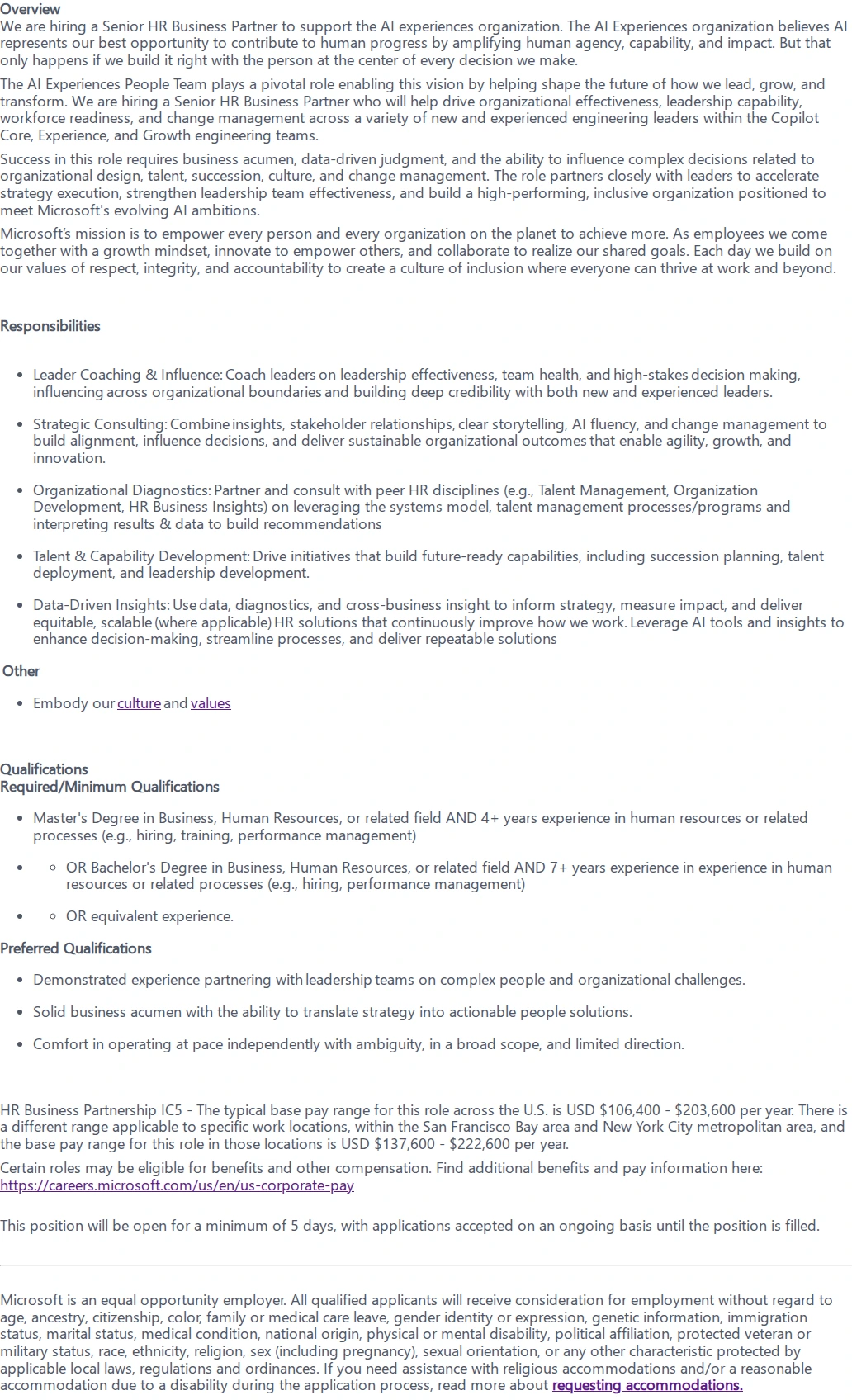 마이크로소프트(Microsoft) Senior HR Business Partner, AI Experiences 채용공고