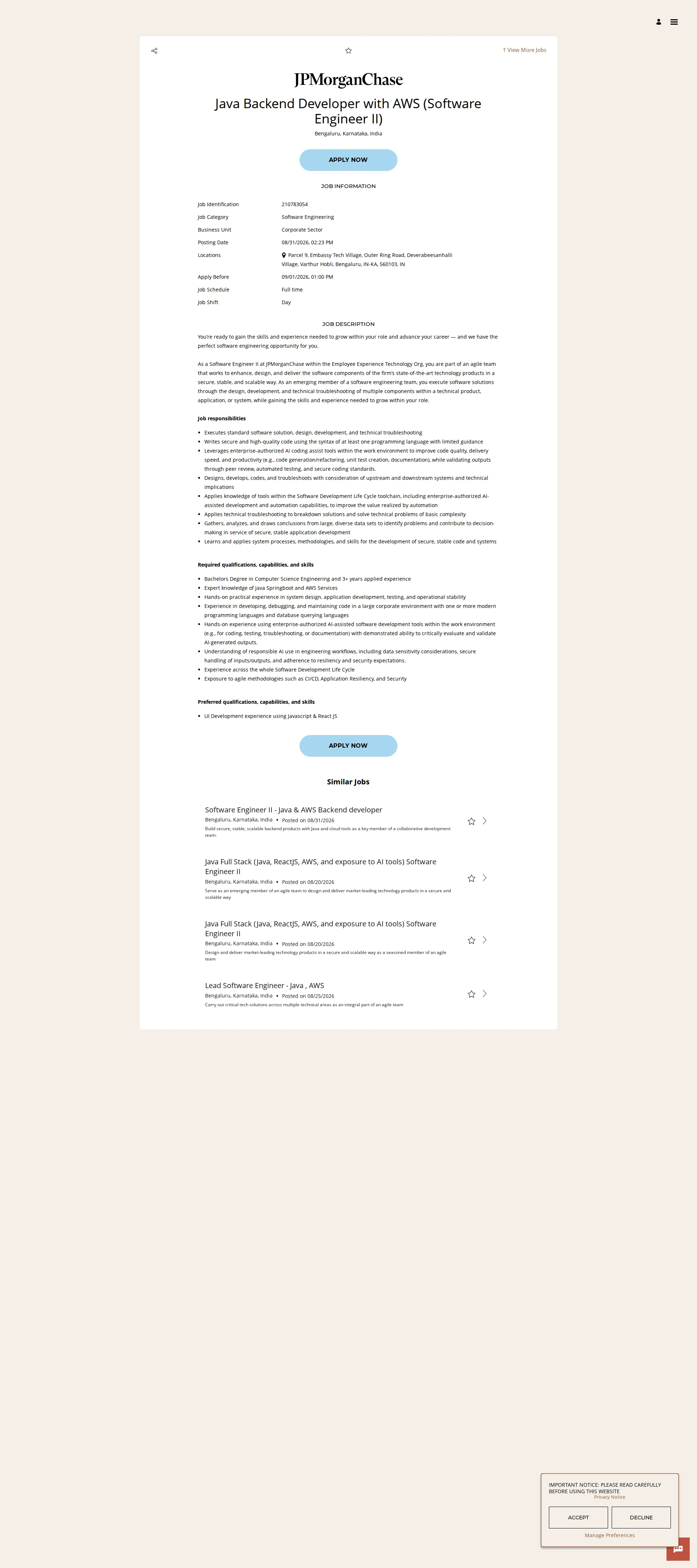 JPMorganChase Java Backend Developer with AWS (Software Engineer II) 채용공고