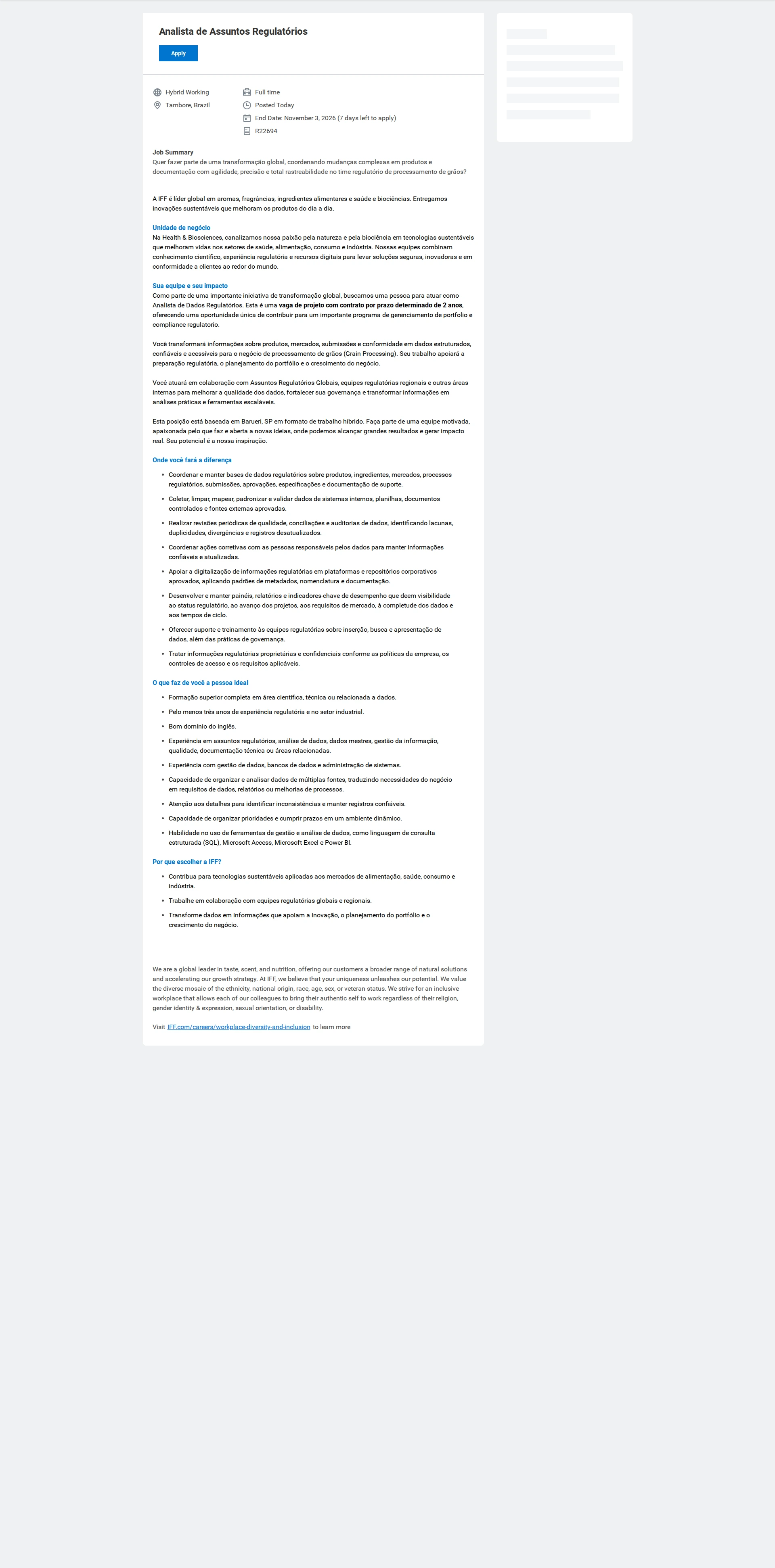IFF Analista de Assuntos Regulatórios 채용공고