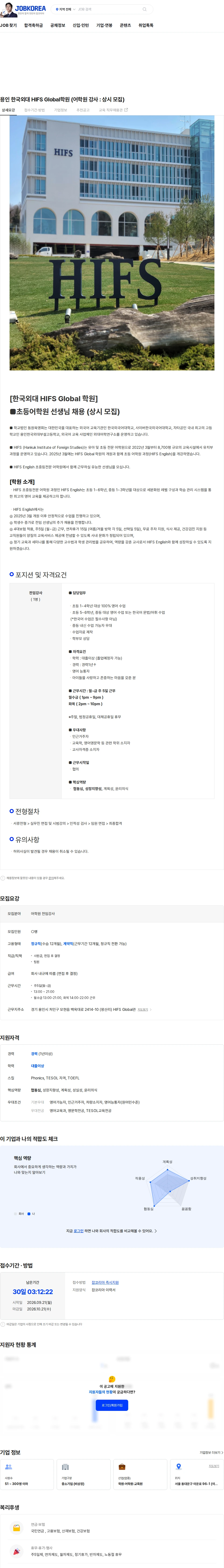 외대어학연구소 용인 한국외대 HIFS Global학원 (어학원 강사 : 상시 모집) 채용공고
