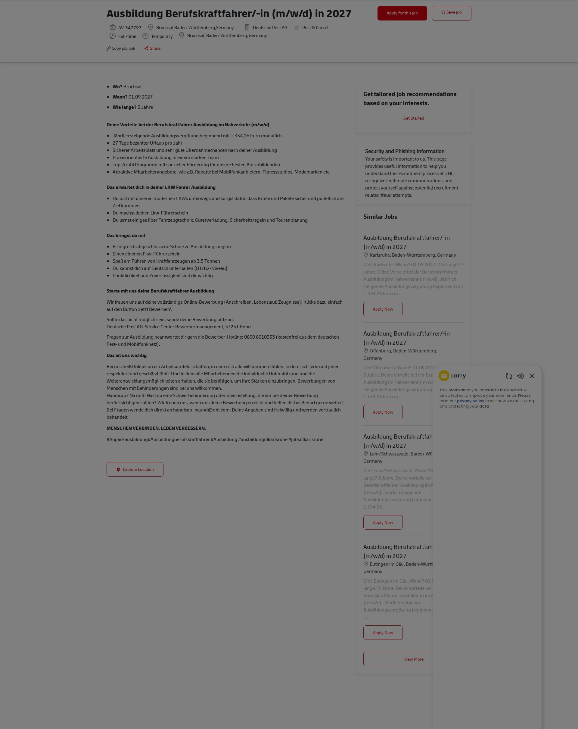 DHL Ausbildung Berufskraftfahrer/-in (m/w/d) in 2027 채용공고