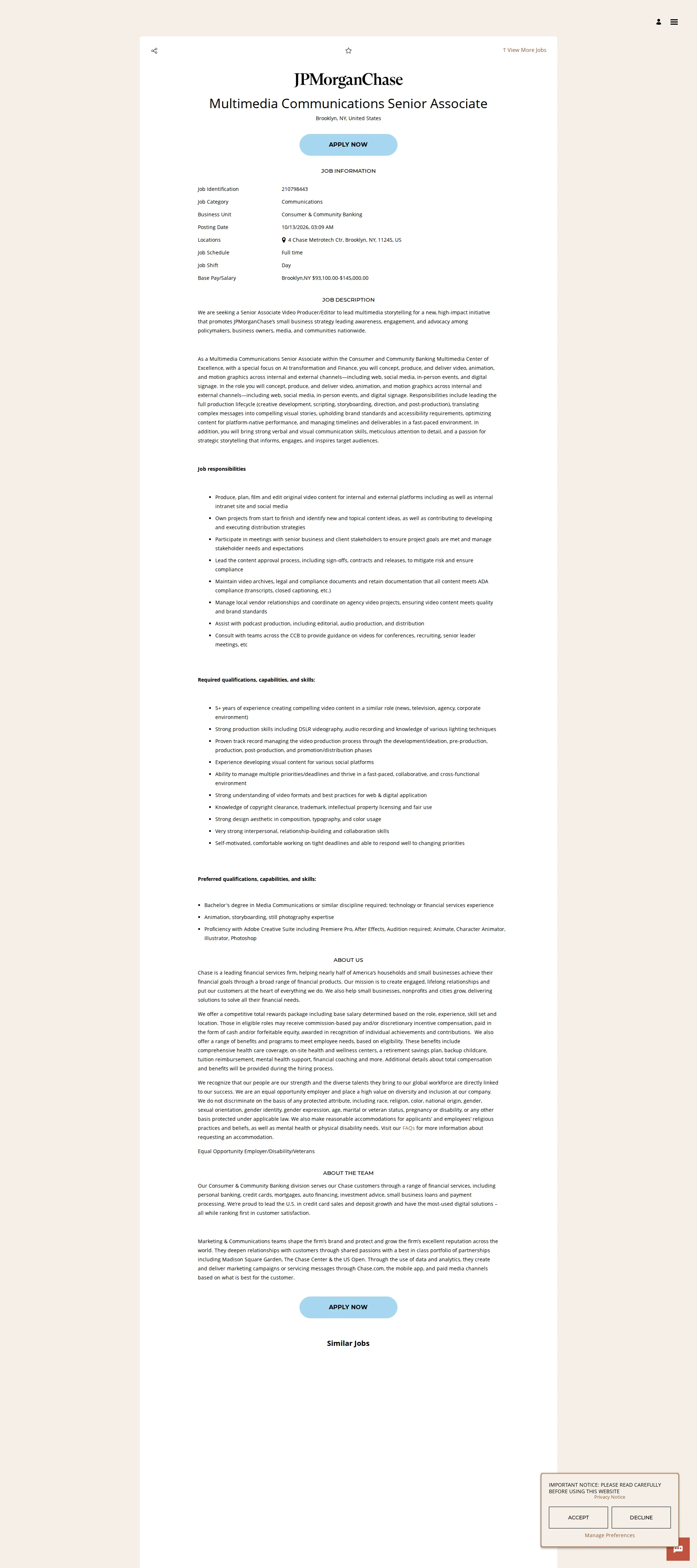 JPMorganChase Multimedia Communications Senior Associate 채용공고
