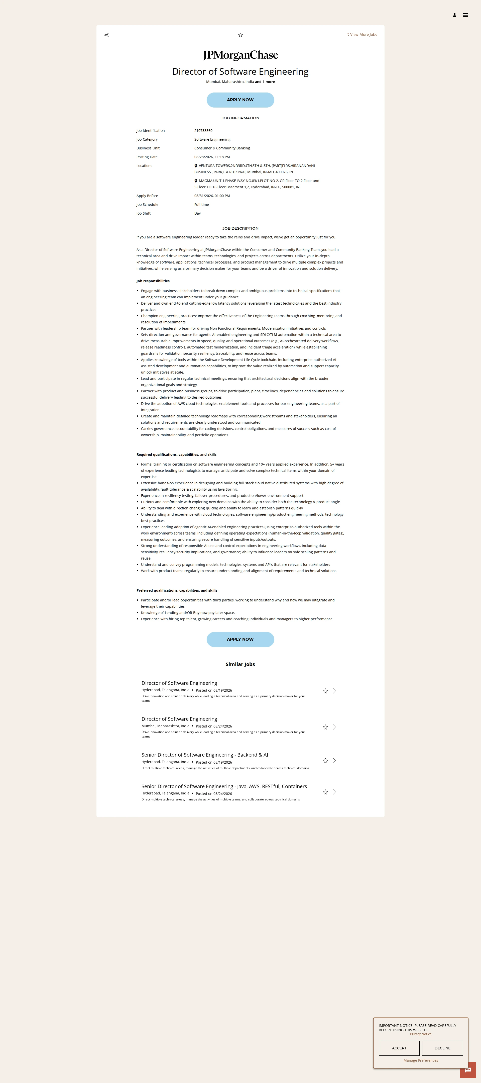 JPMorganChase Director of Software Engineering 채용공고