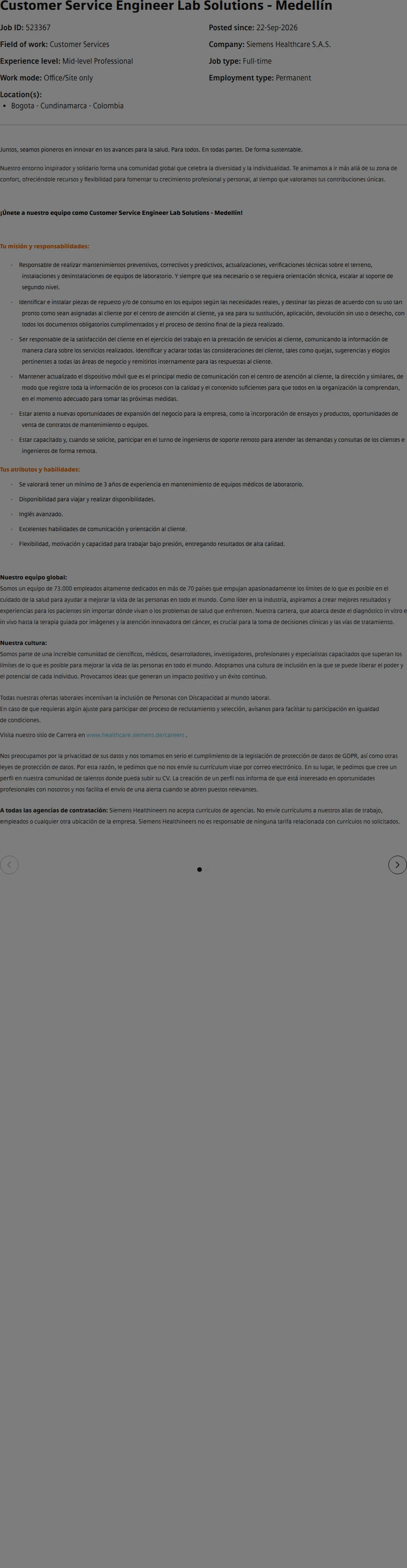 SiemensHealthineers Customer Service Engineer Lab Solutions - Medellín 채용공고