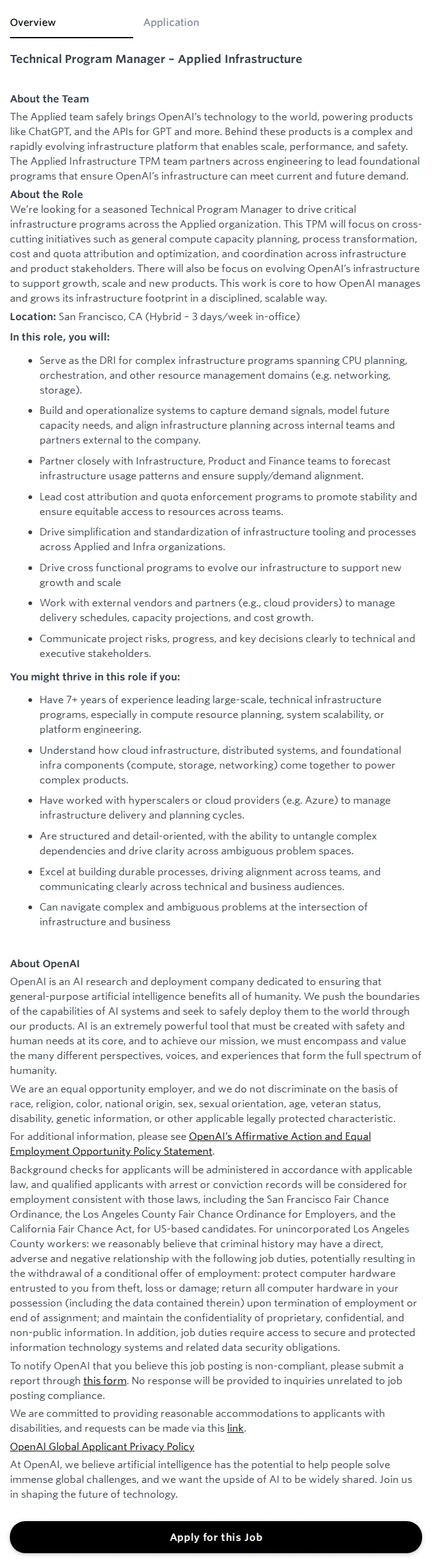 오픈에이아이(OpenAI) Technical Program Manager, Applied Infrastructure 채용공고