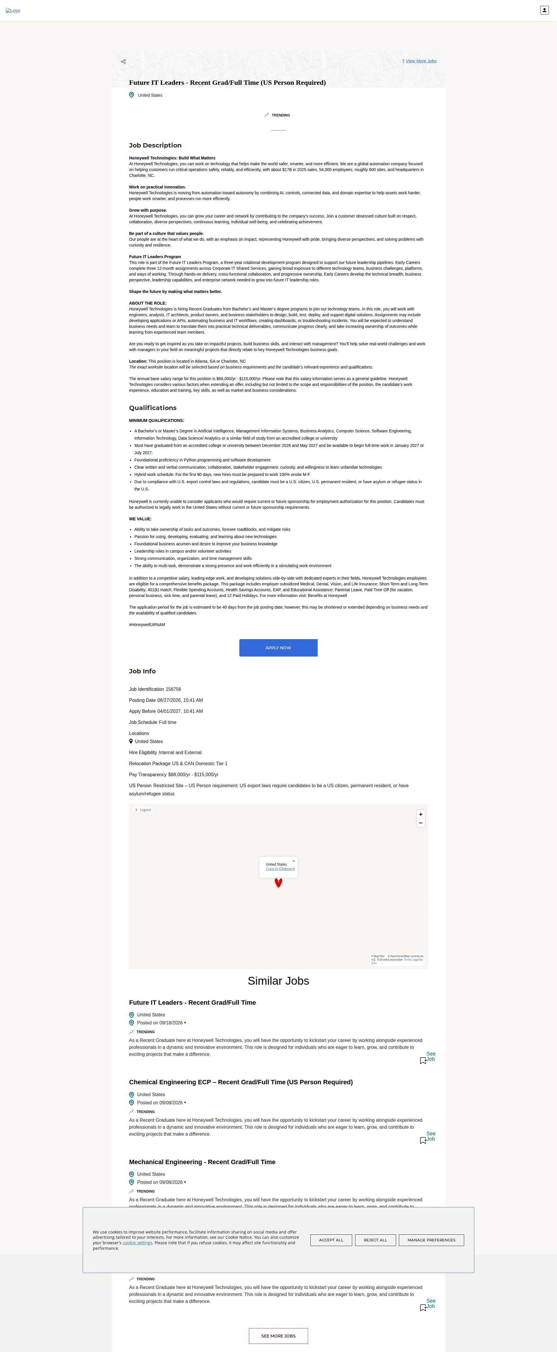 허니웰 Future IT Leaders - Recent Grad/Full Time (US Person Required) 채용공고