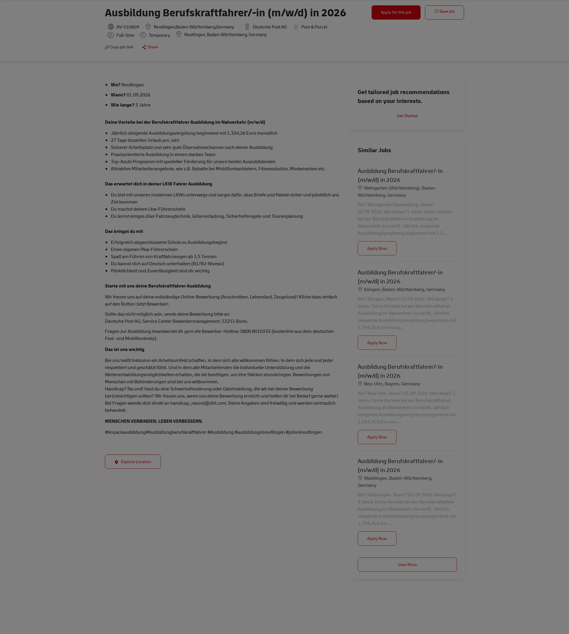 DHL Ausbildung Berufskraftfahrer/-in (m/w/d) in 2026 채용공고