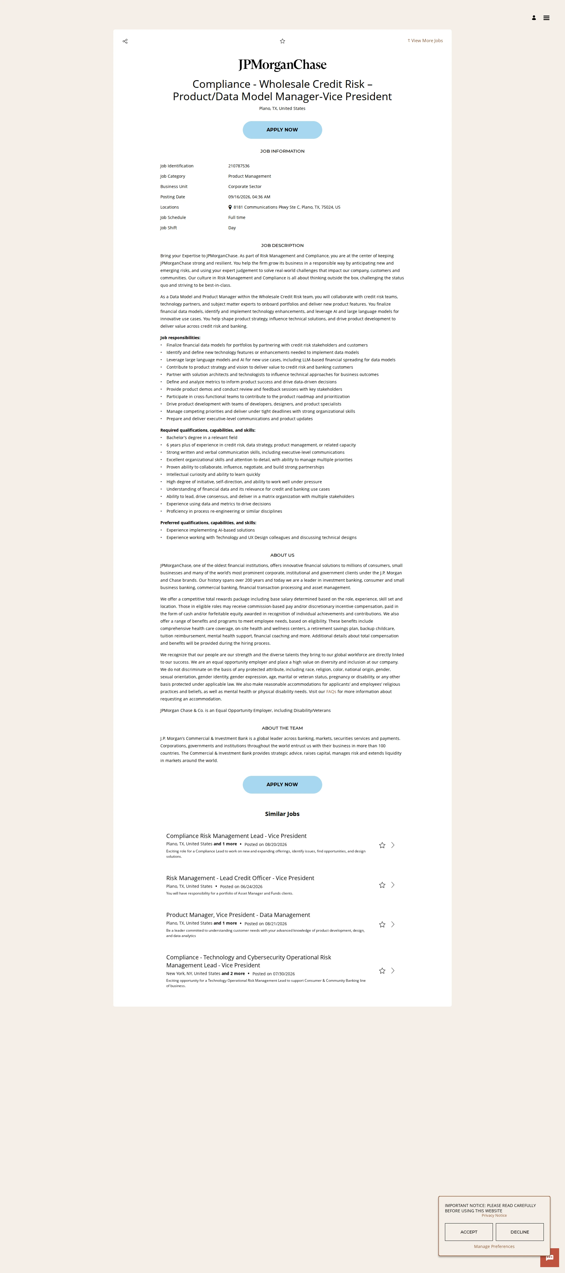 JPMorganChase Compliance - Wholesale Credit Risk – Product/Data Model Manager-Vice President 채용공고