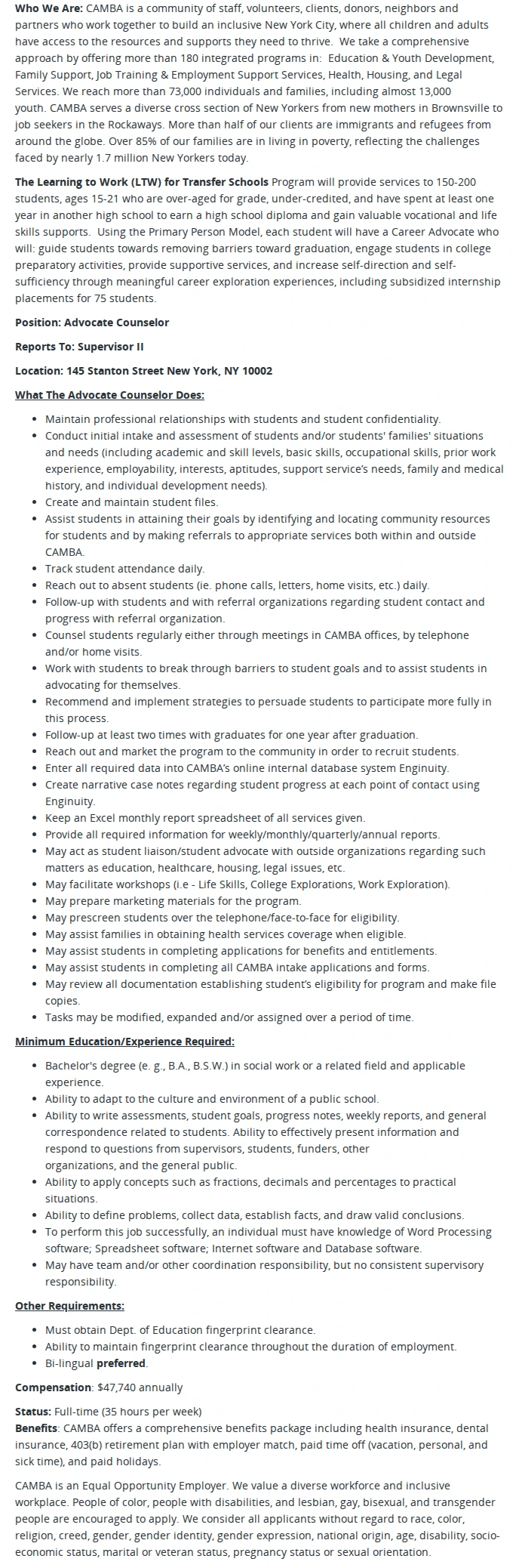 CAMBA Advocate Counselor, Learning to Work - Lower East Side Preparatory HS 채용공고