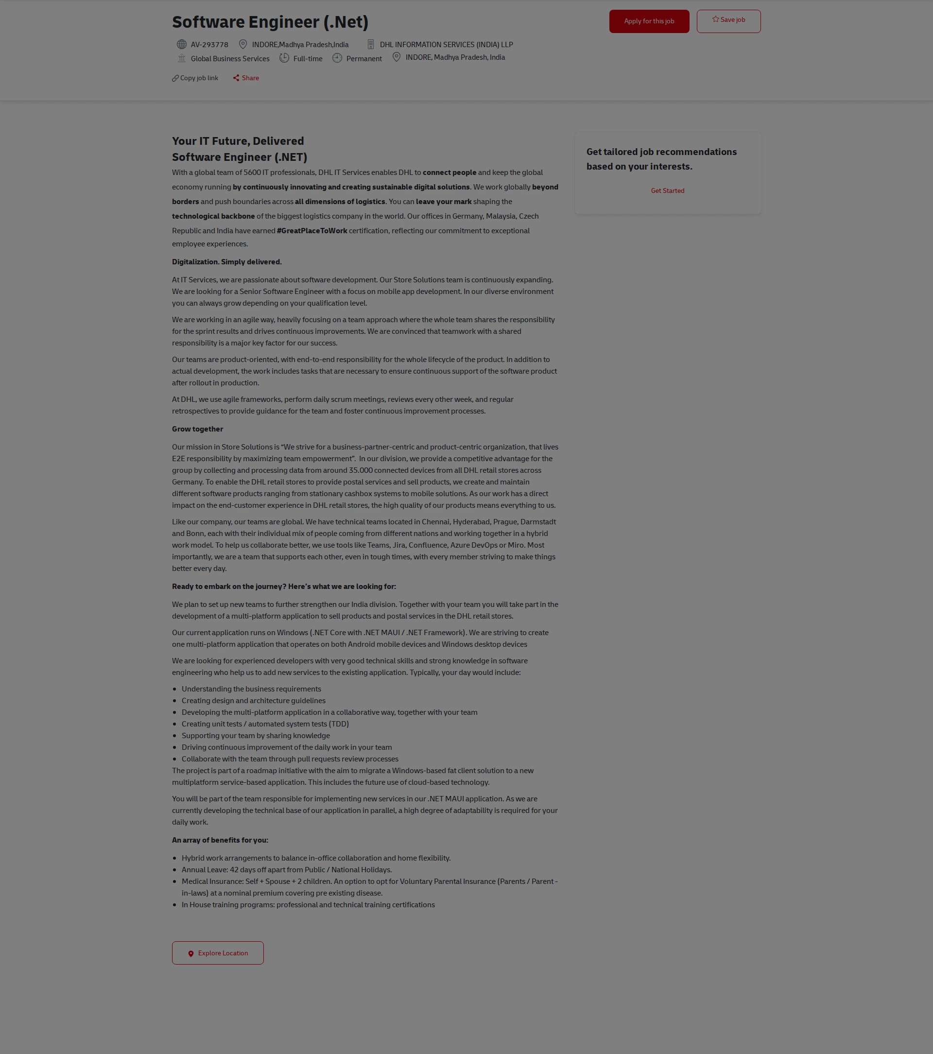 DHL Software Engineer (.Net) 채용공고