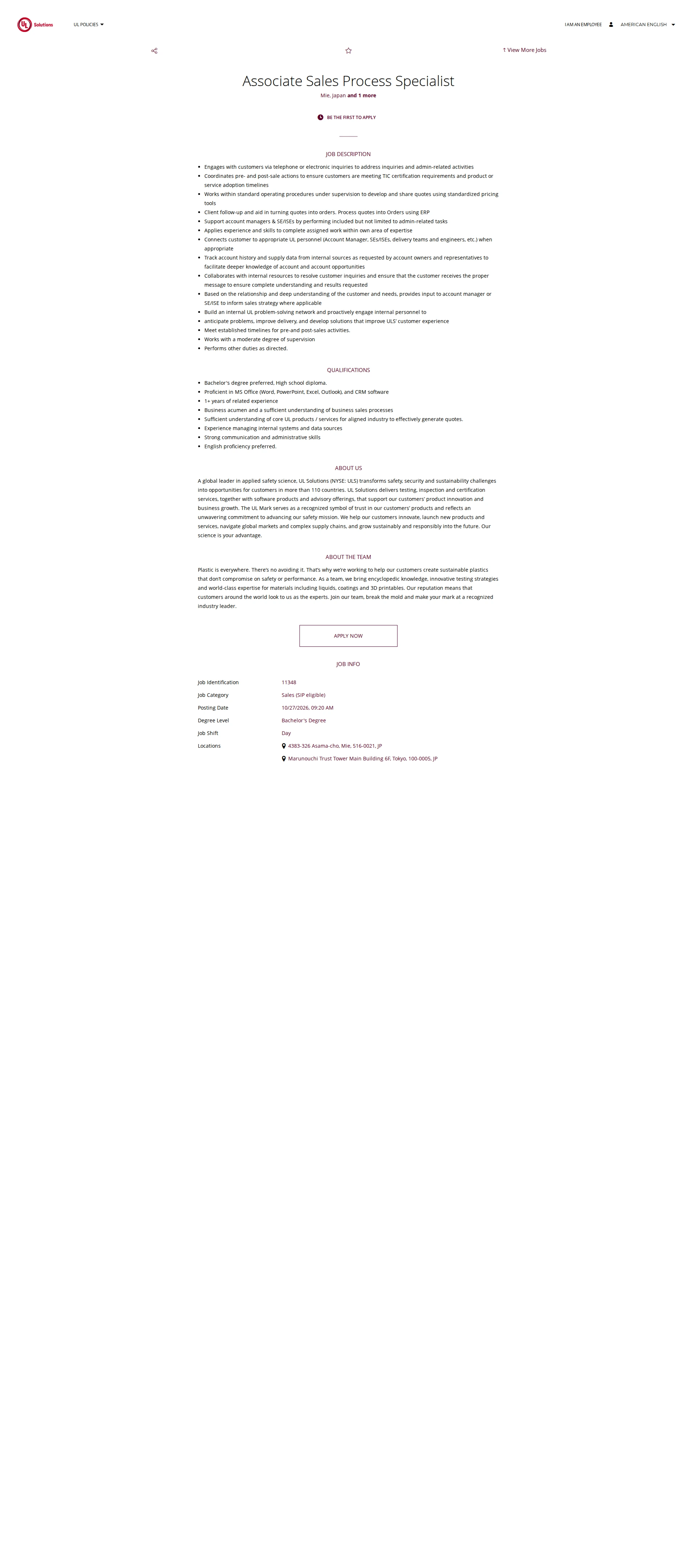 UL Solutions Associate Sales Process Specialist 채용공고