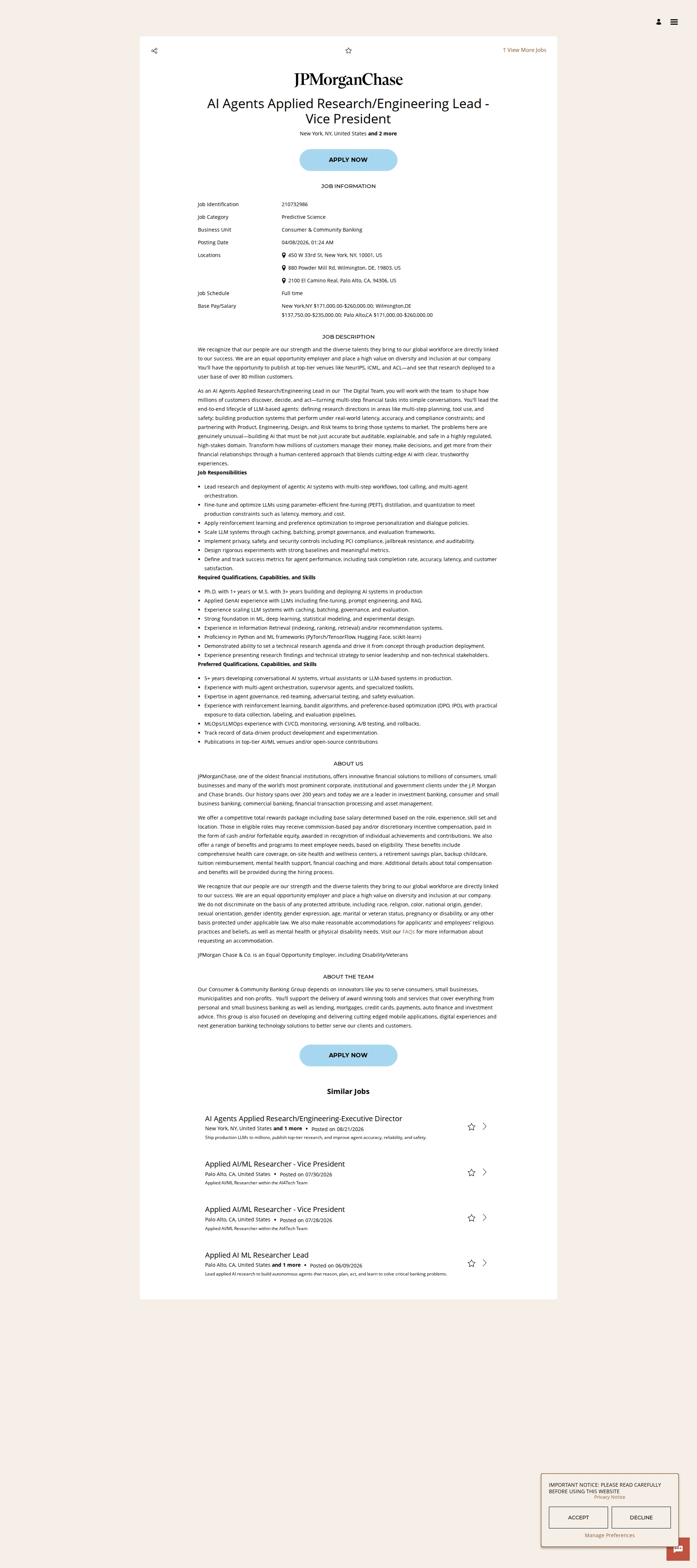JPMorganChase AI Agents Applied Research/Engineering Lead - Vice President 채용공고