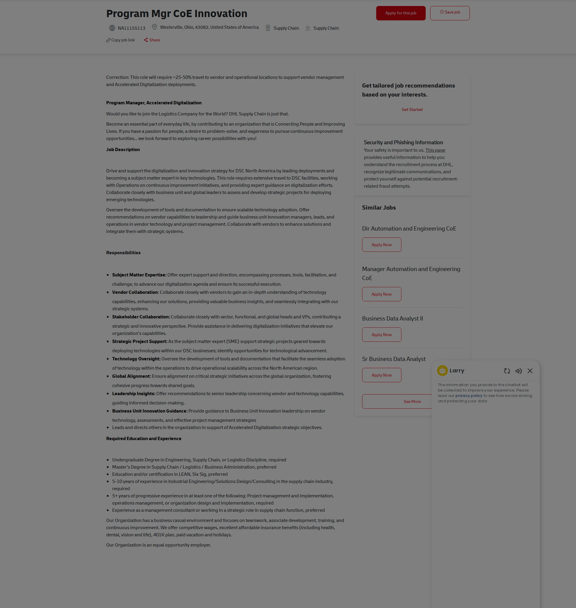DHL Program Mgr CoE Innovation 채용공고