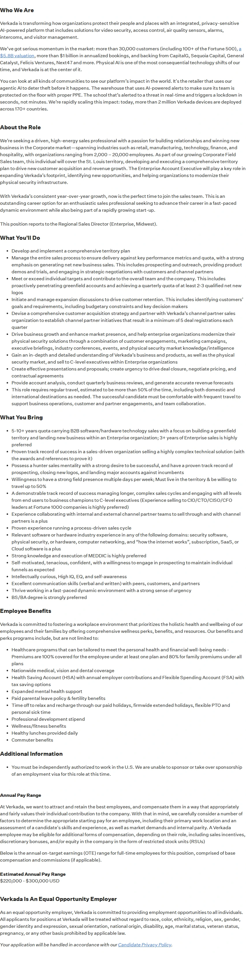 버카다 Enterprise Account Executive (St. Louis - Corporate) 채용공고